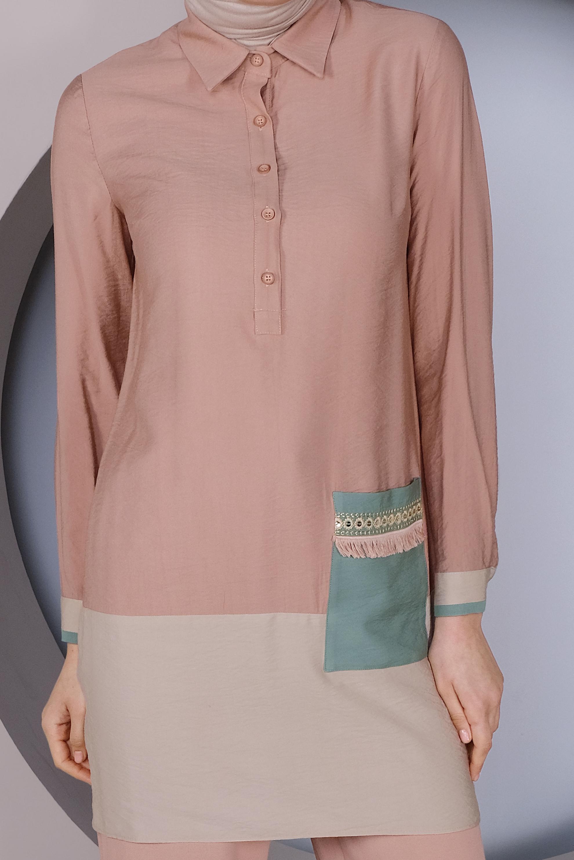 Tesettür giyim PUDRA CEP İŞLEMELİ DÜĞMELİ TUNİK 41350