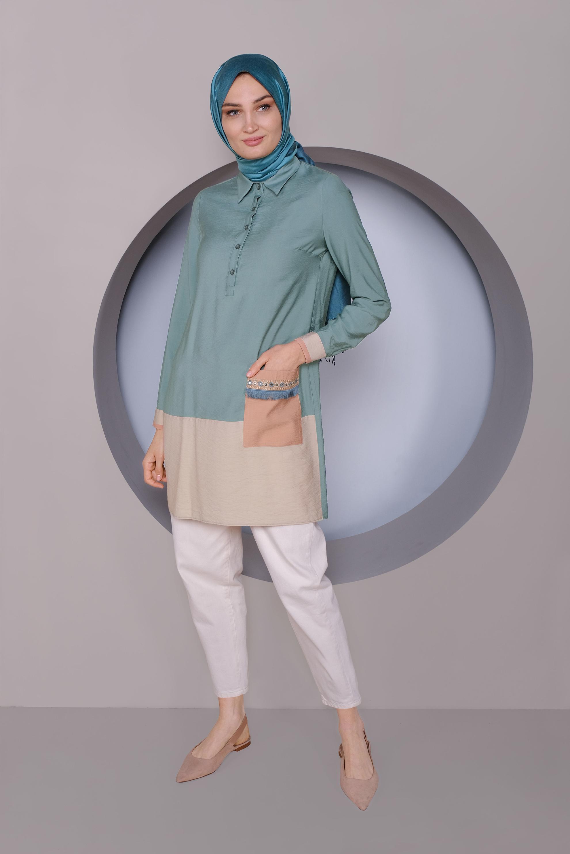 Tesettür giyim YEŞİL CEP İŞLEMELİ DÜĞMELİ TUNİK 41350