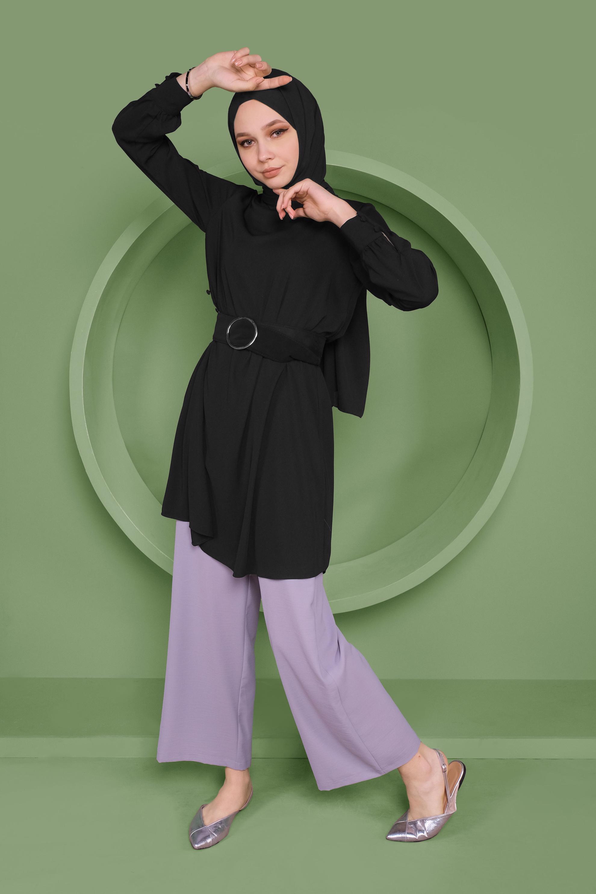 Tesettür giyim SİYAH YANDAN DÜĞMELİ TUNİK 41351 