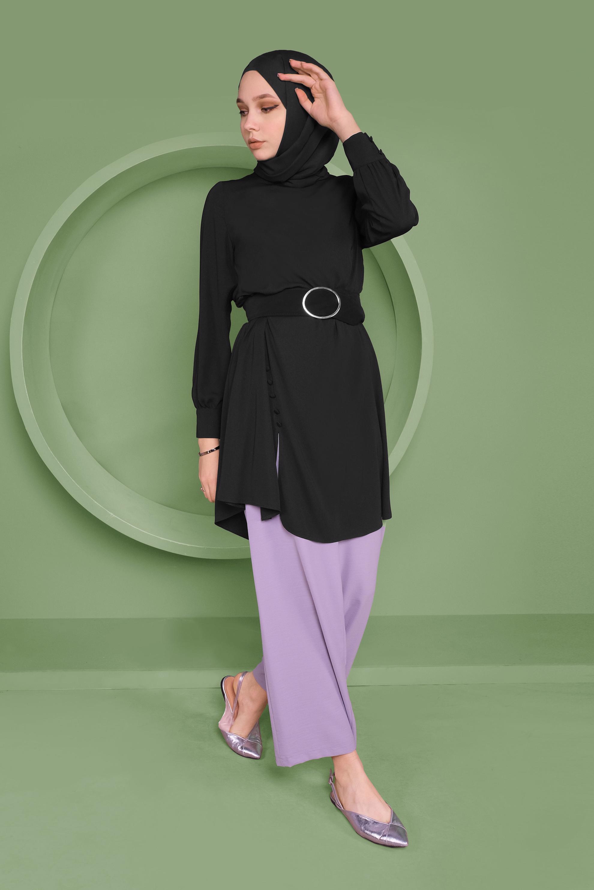 Tesettür giyim SİYAH YANDAN DÜĞMELİ TUNİK 41351 