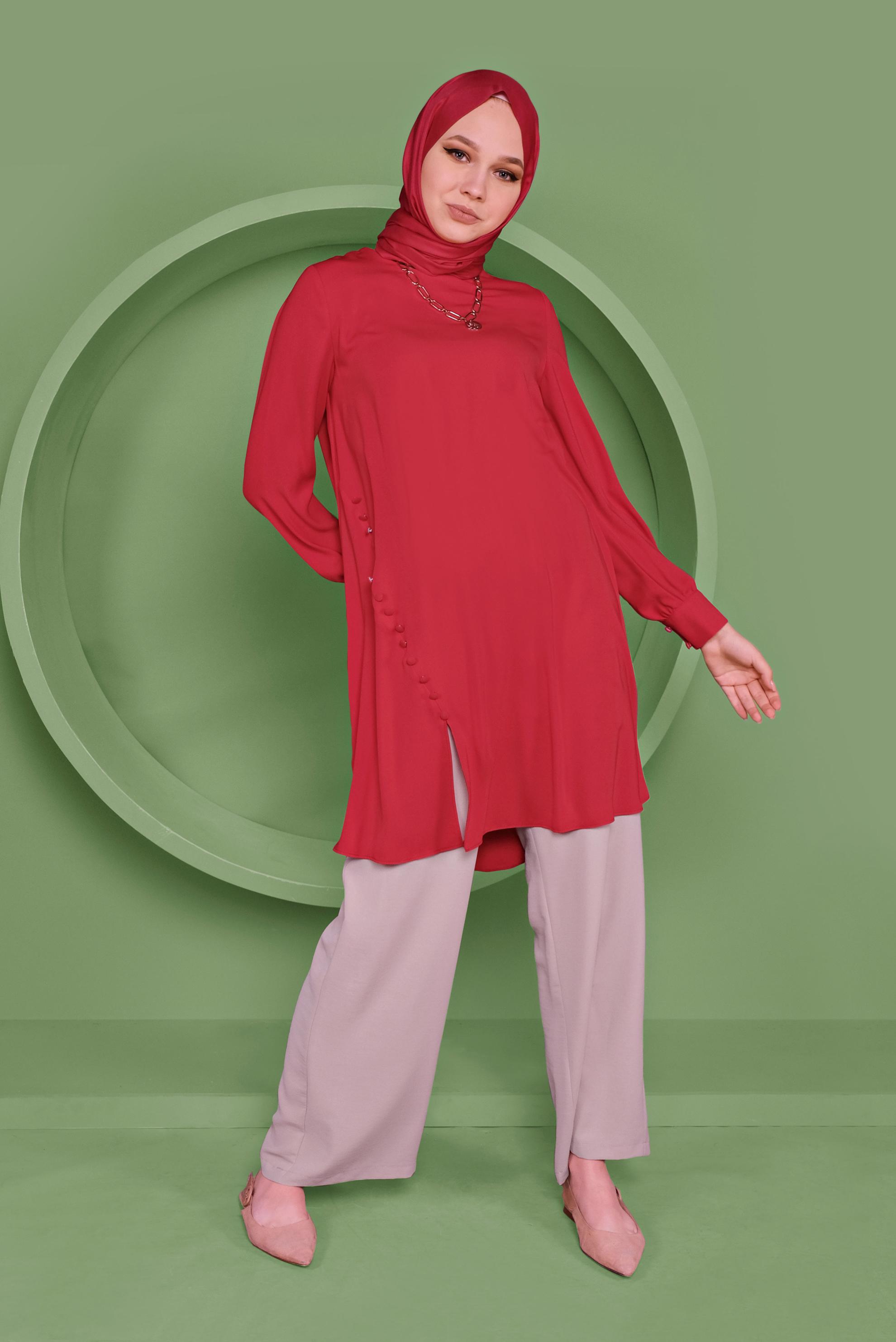 Tesettür giyim KIRMIZI YANDAN DÜĞMELİ TUNİK 41351 