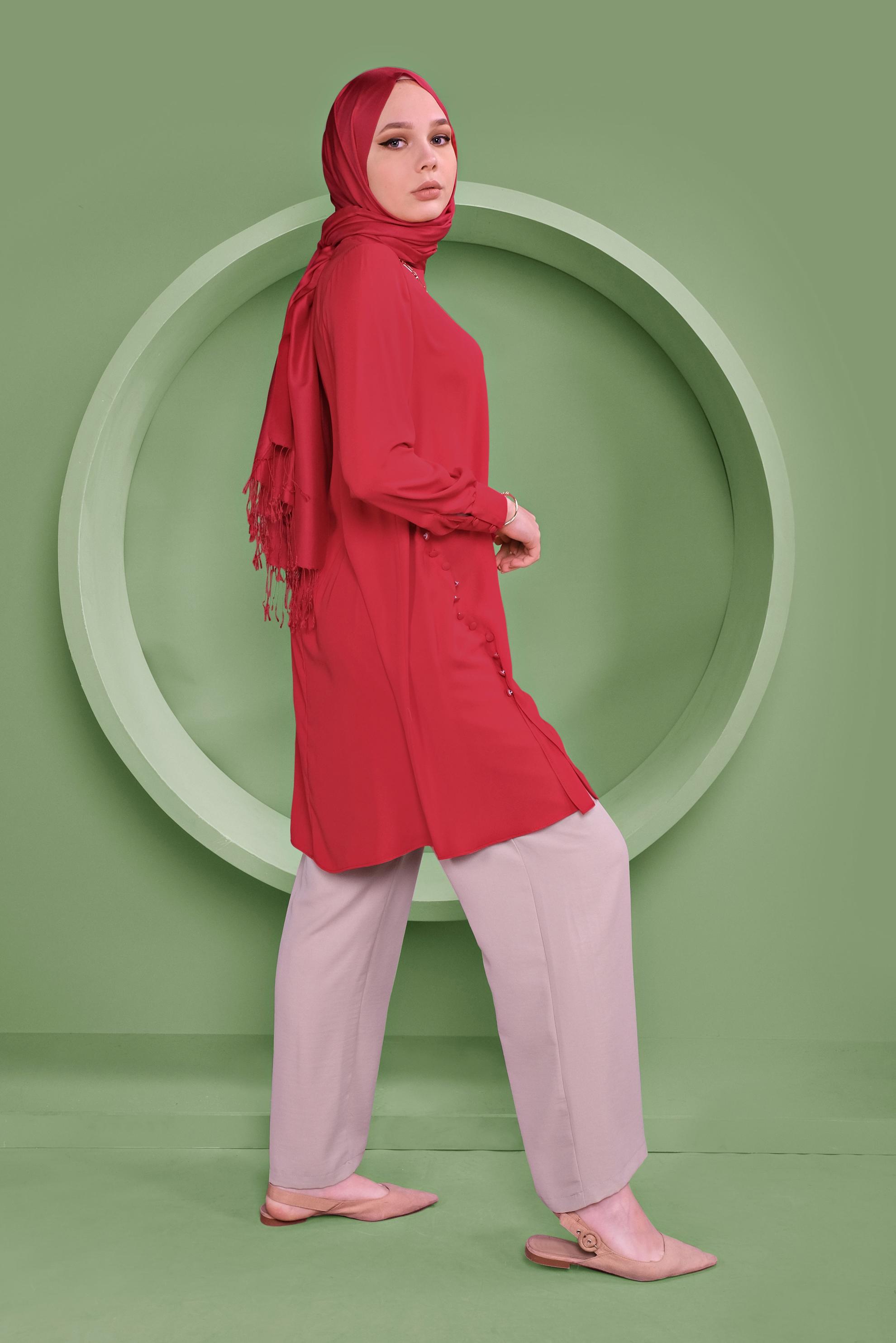 Tesettür giyim KIRMIZI YANDAN DÜĞMELİ TUNİK 41351 