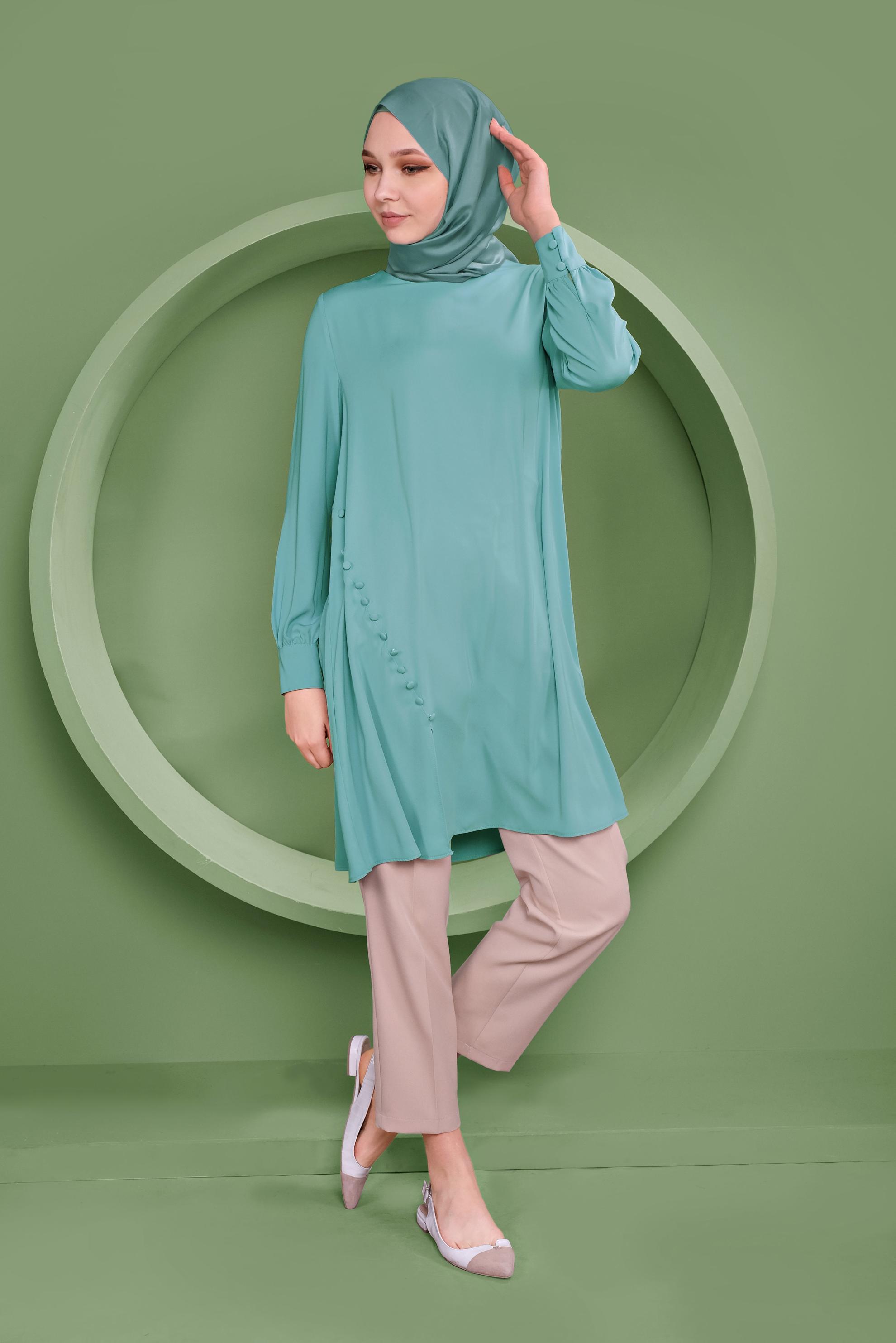 Tesettür giyim YEŞİL YANDAN DÜĞMELİ TUNİK 41351 