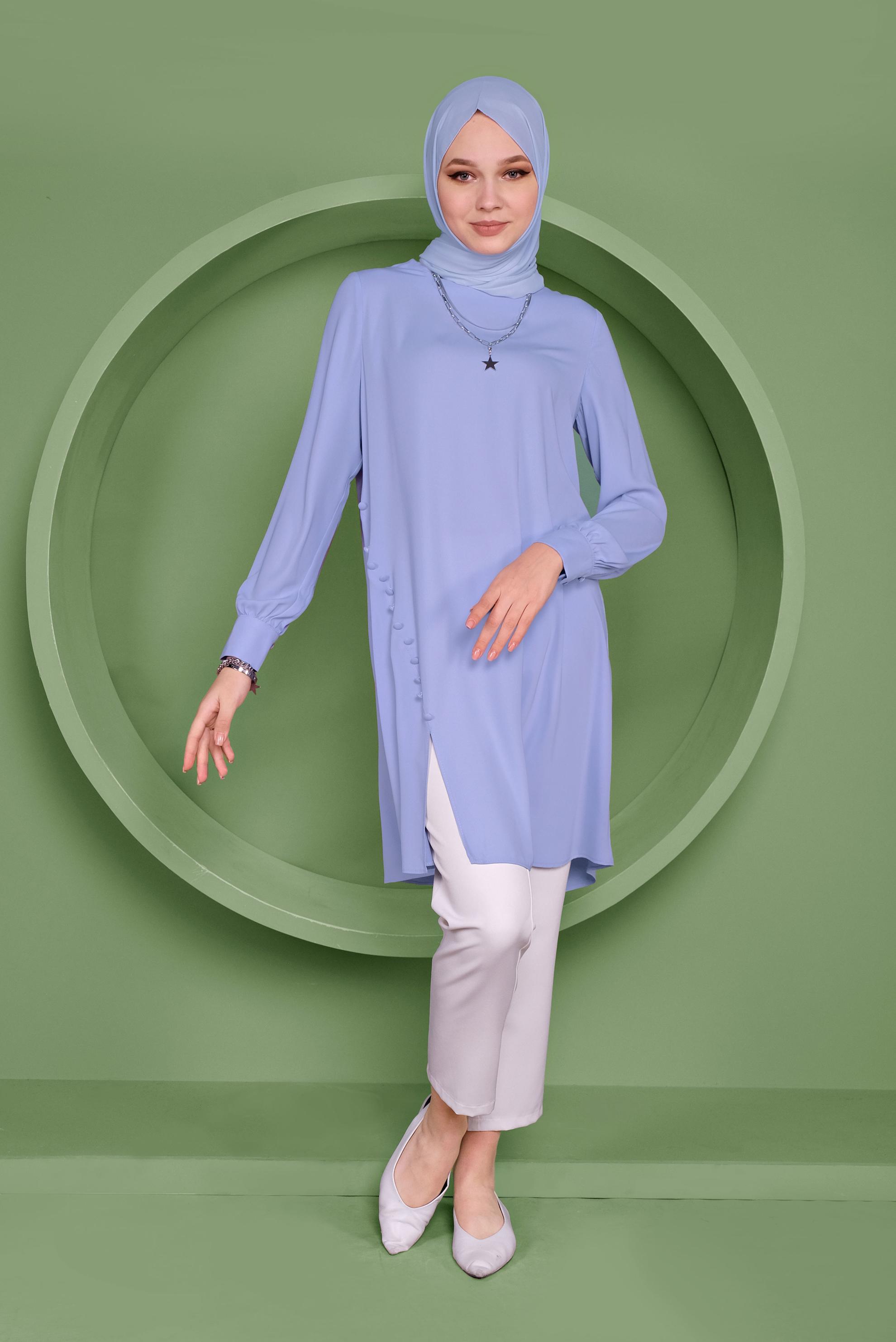 Tesettür giyim MAVİ YANDAN DÜĞMELİ TUNİK 41351 