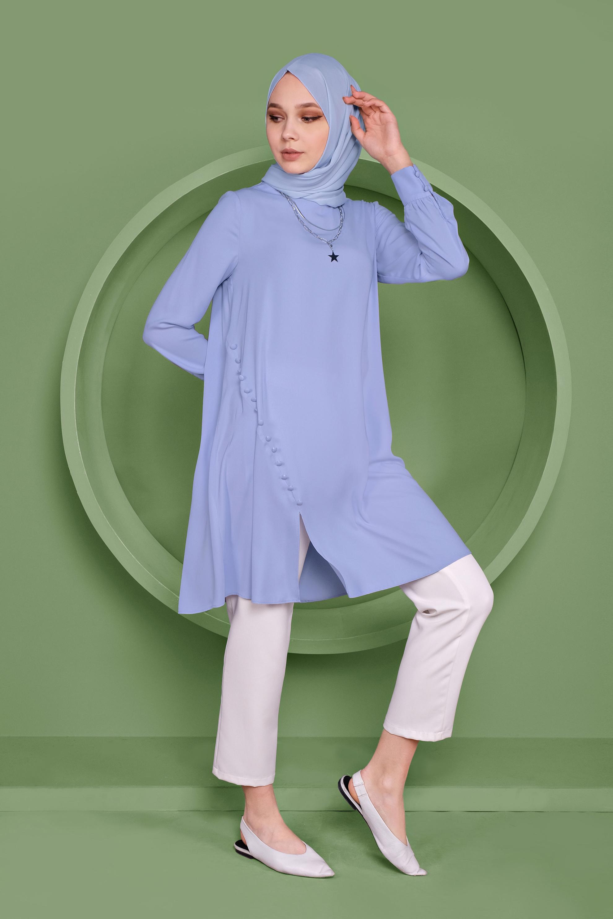 Tesettür giyim MAVİ YANDAN DÜĞMELİ TUNİK 41351 