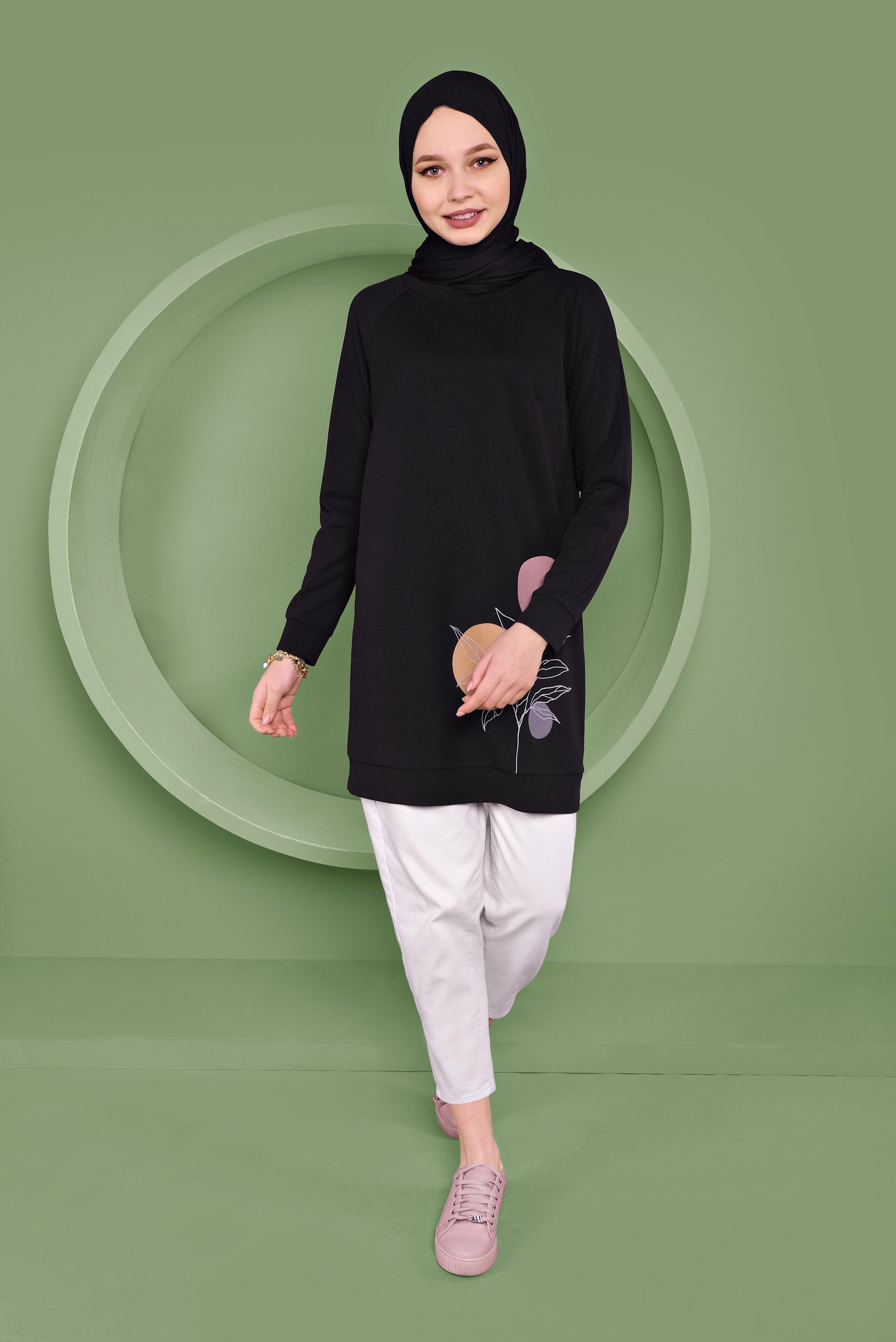 Tesettür giyim SİYAH DESEN BASKILI TUNİK 41352