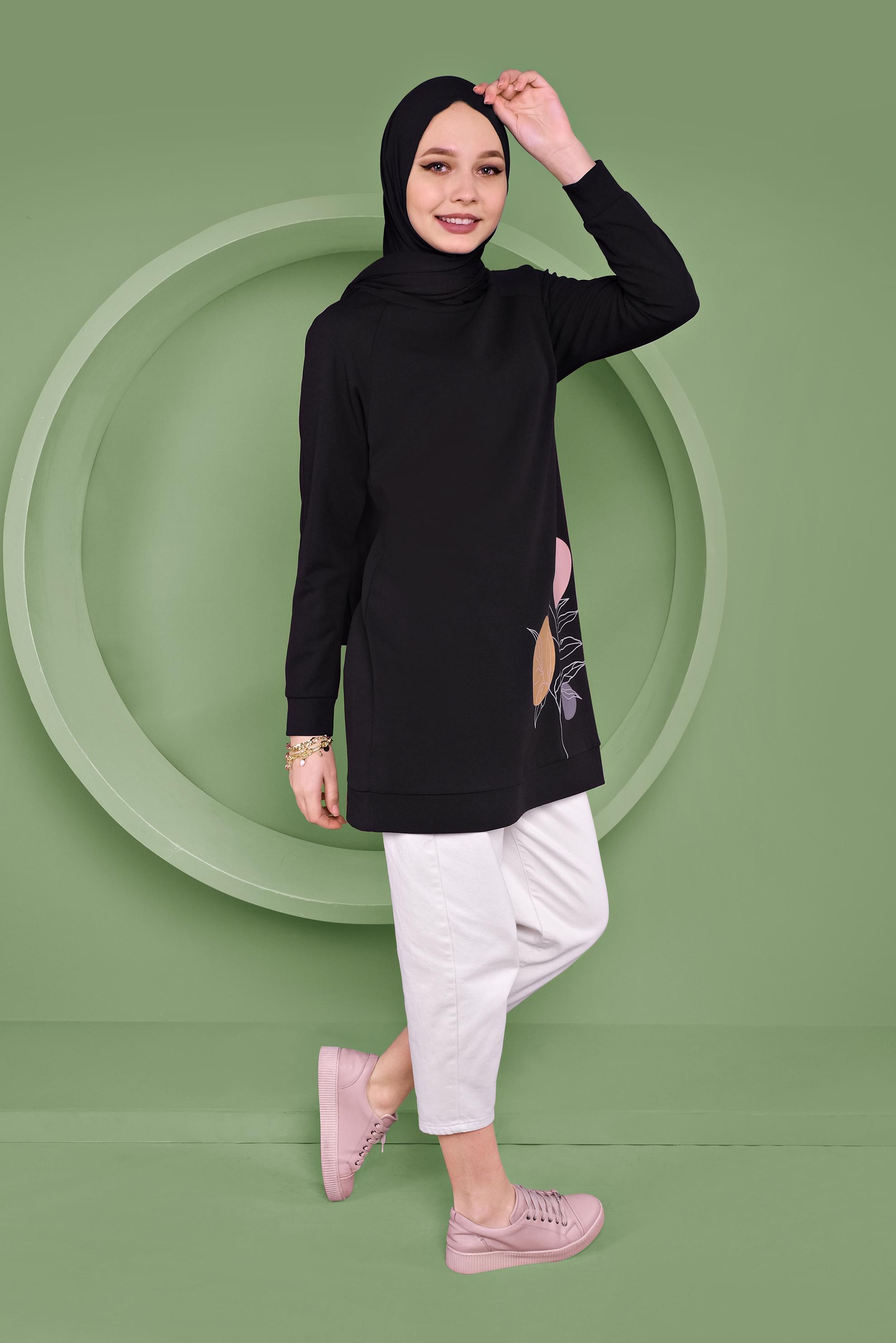 Tesettür giyim SİYAH DESEN BASKILI TUNİK 41352