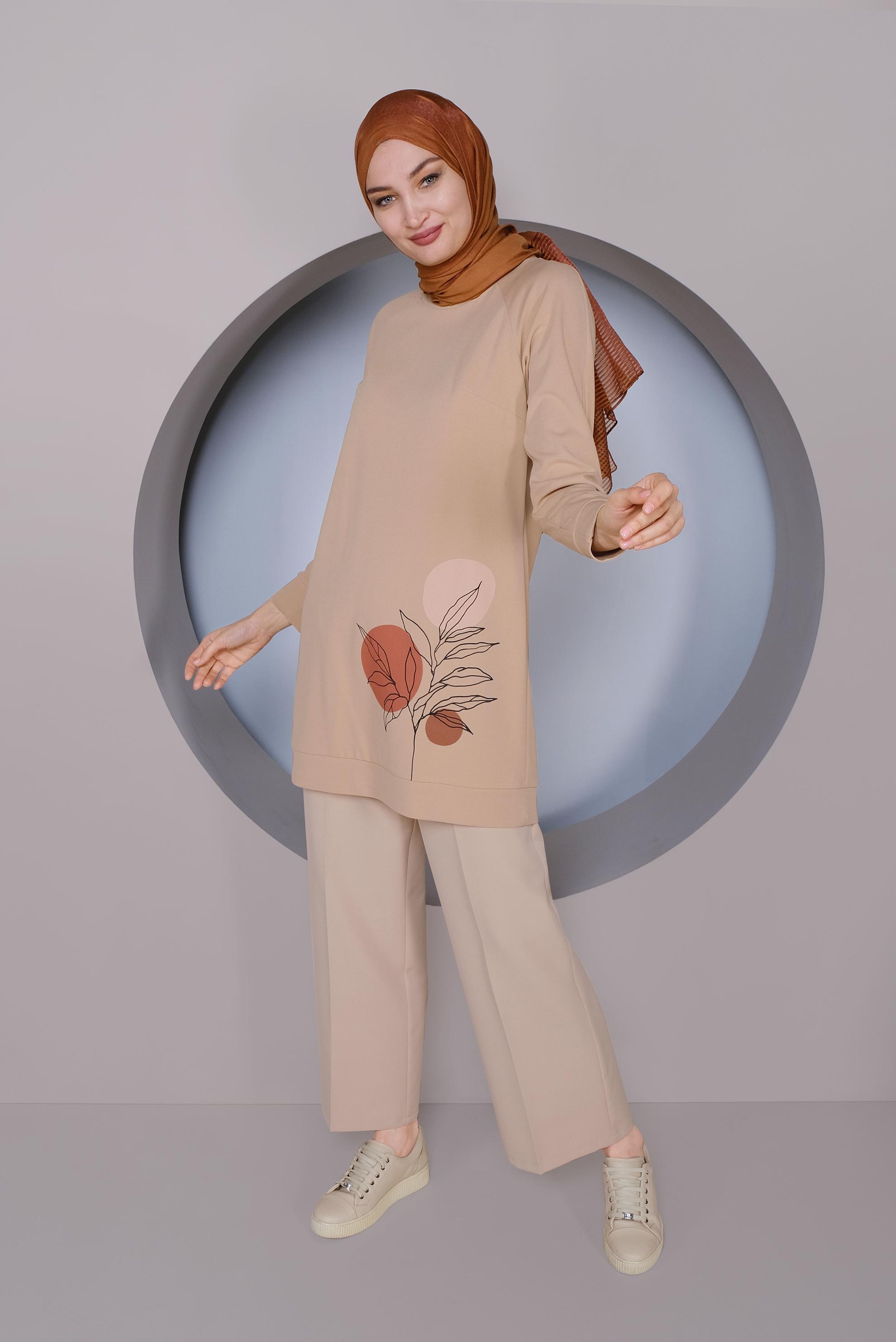 Tesettür giyim BEJ DESEN BASKILI TUNİK 41352