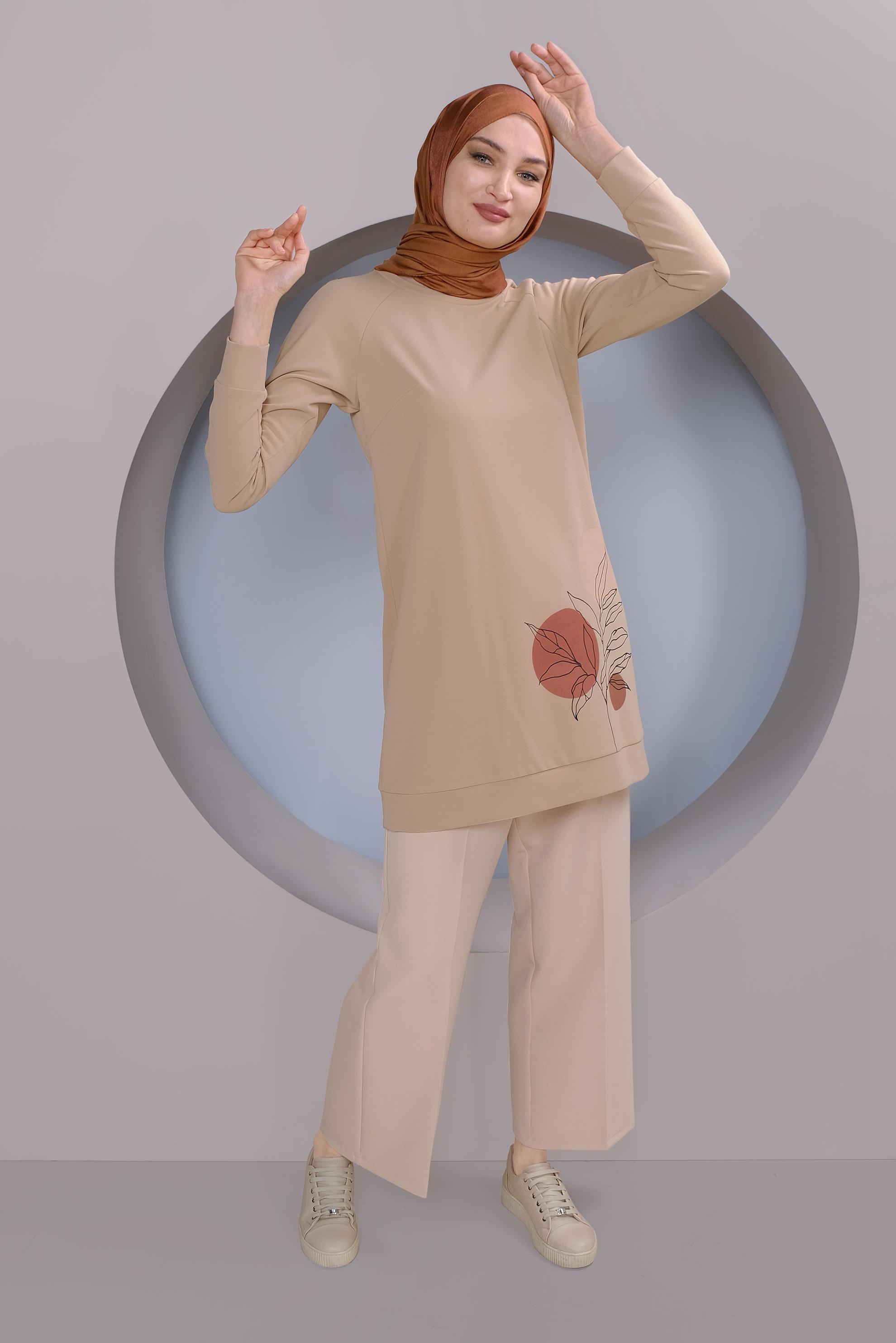 Tesettür giyim BEJ DESEN BASKILI TUNİK 41352