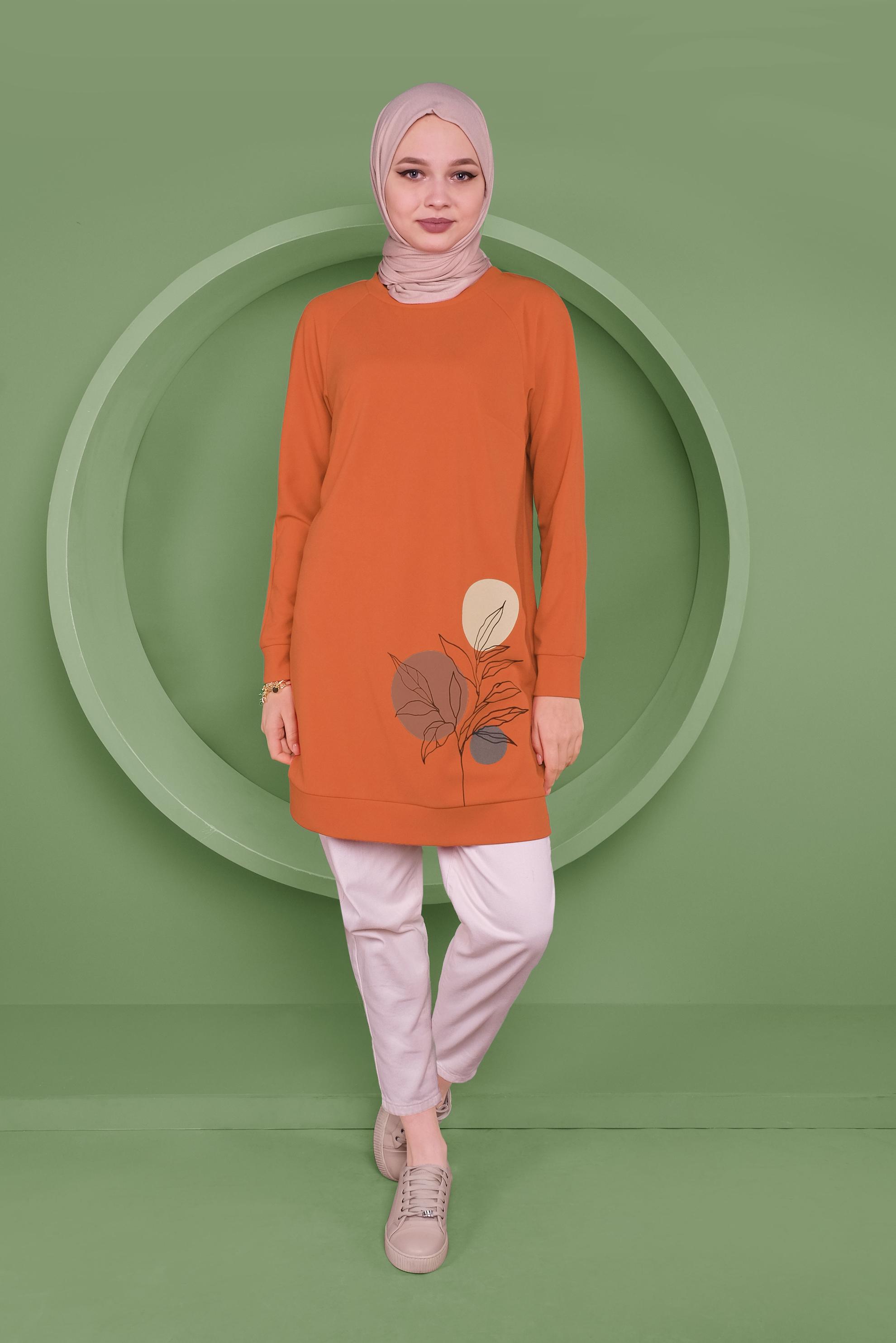 Tesettür giyim TURUNCU DESEN BASKILI TUNİK 41352