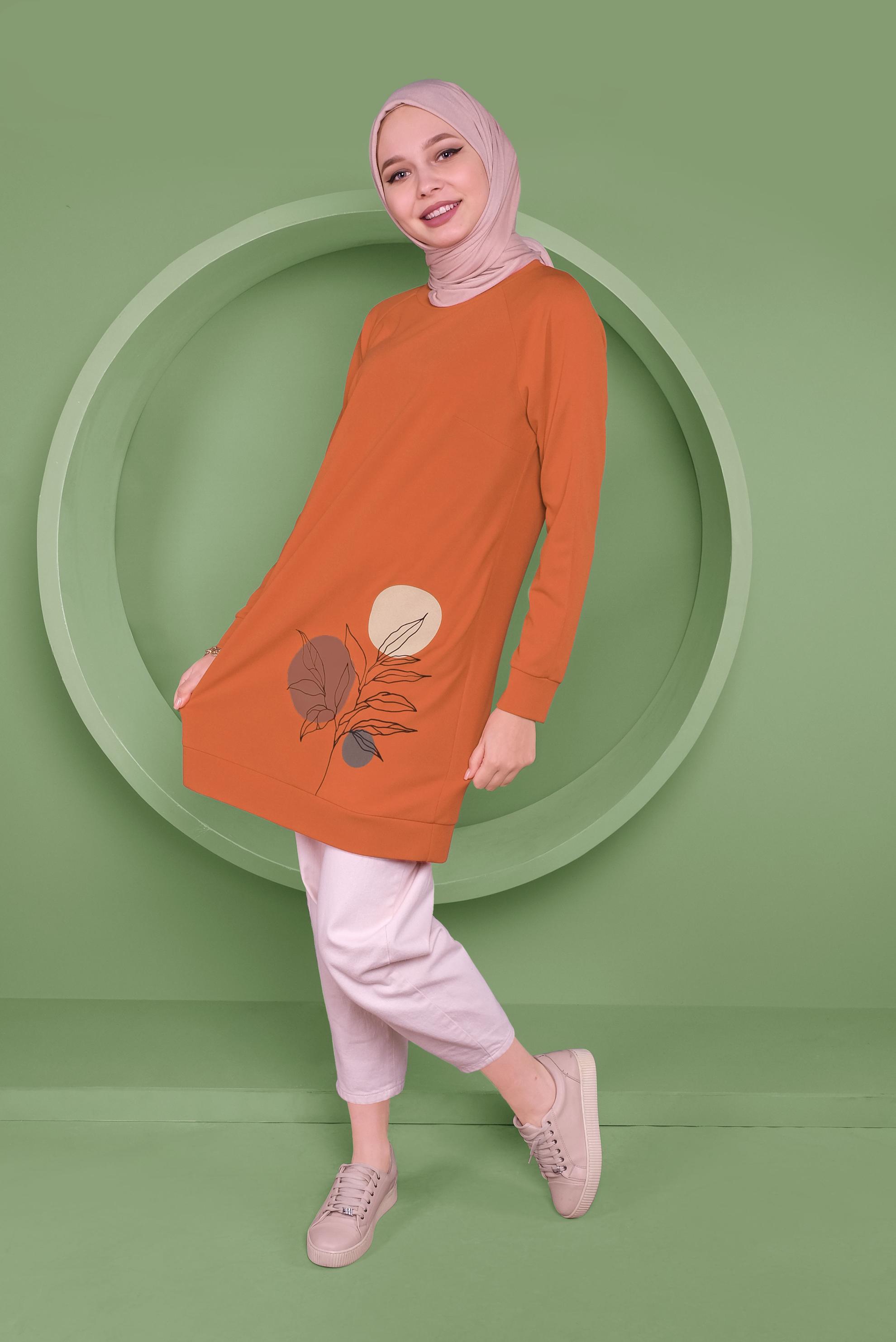 Tesettür giyim TURUNCU DESEN BASKILI TUNİK 41352