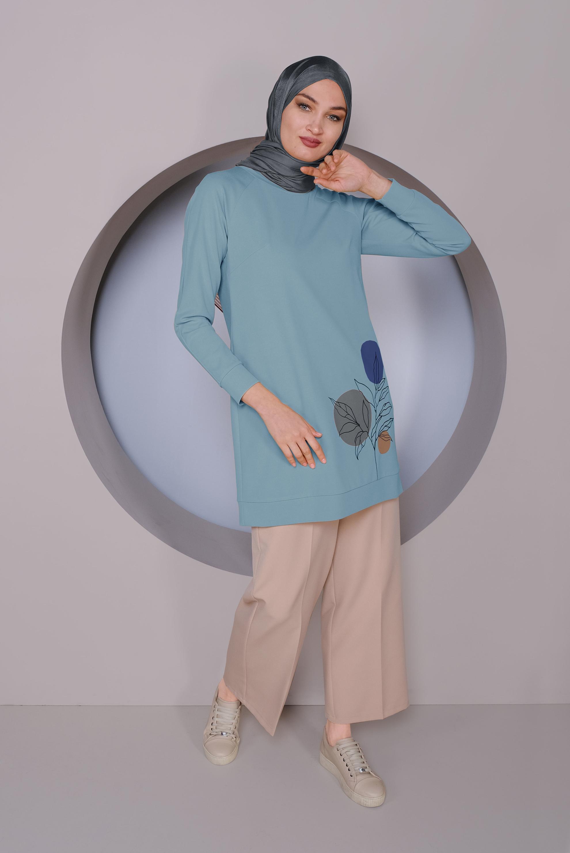 Tesettür giyim MAVİ DESEN BASKILI TUNİK 41352