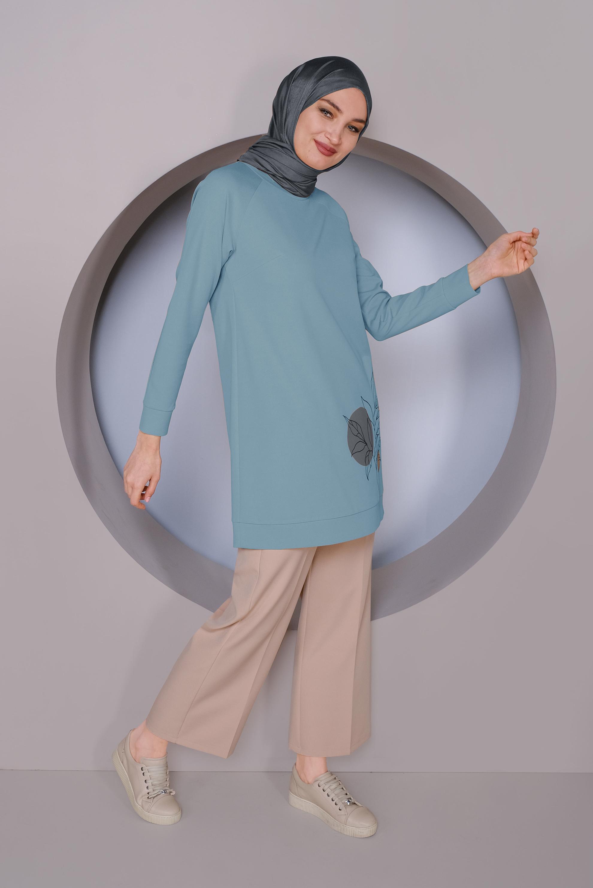 Tesettür giyim MAVİ DESEN BASKILI TUNİK 41352