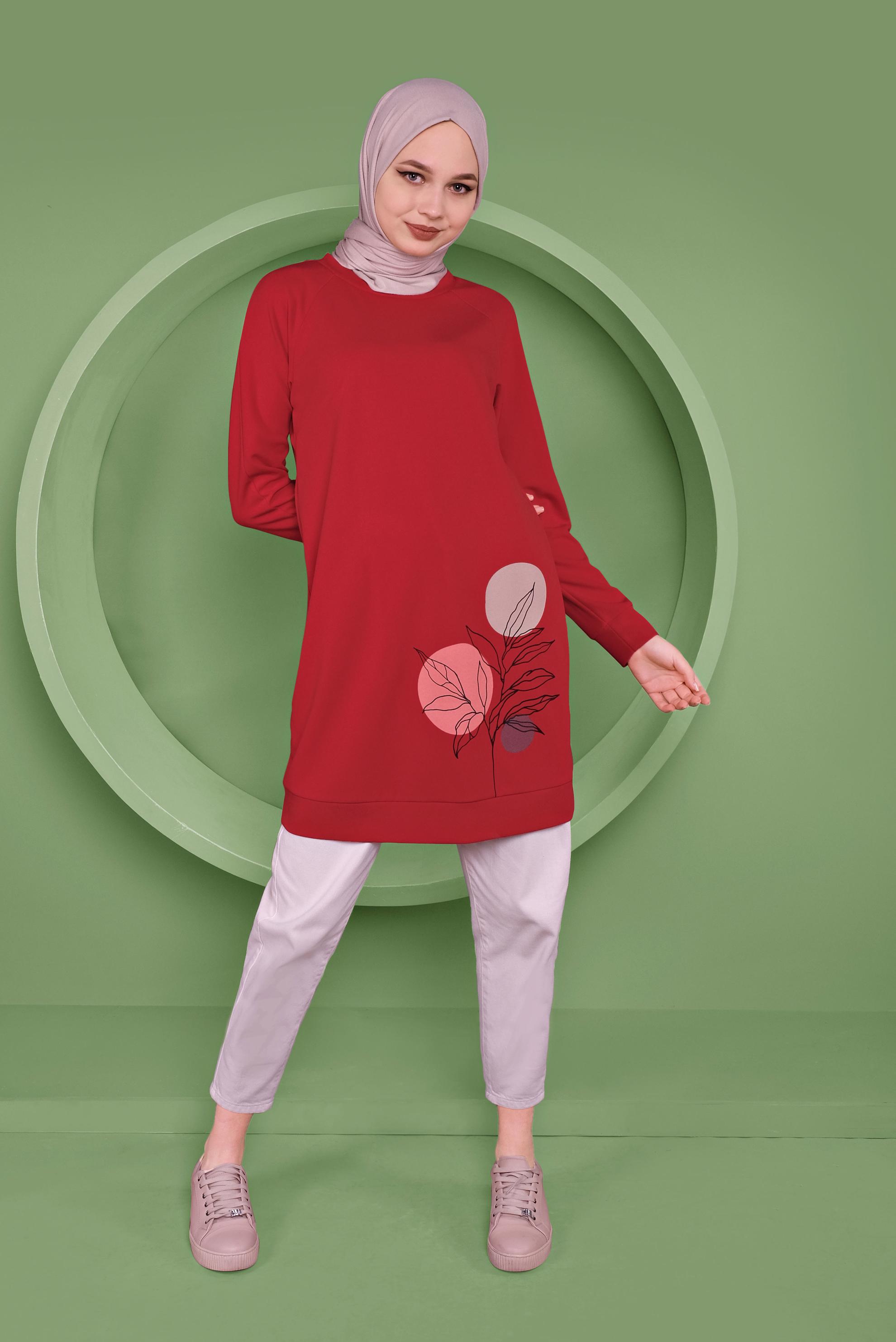 Tesettür giyim KIRMIZI DESEN BASKILI TUNİK 41352