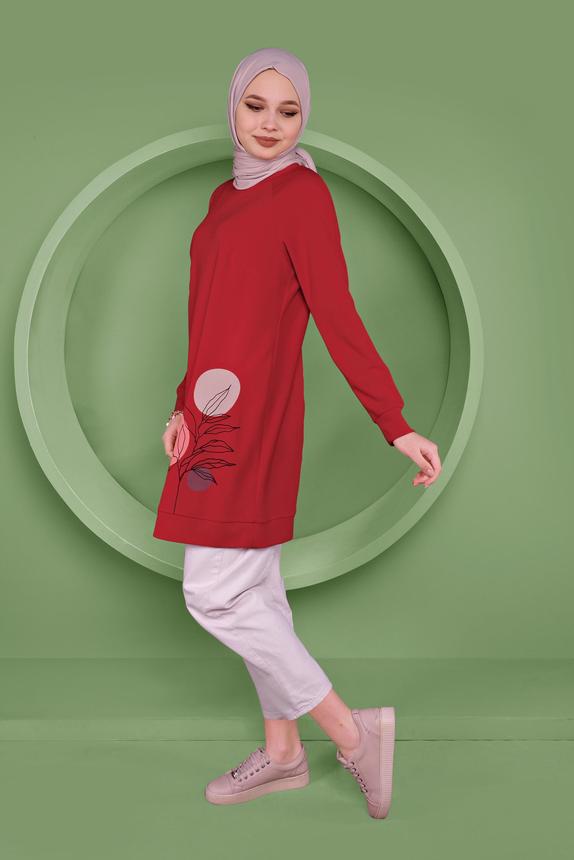 Tesettür giyim KIRMIZI DESEN BASKILI TUNİK 41352