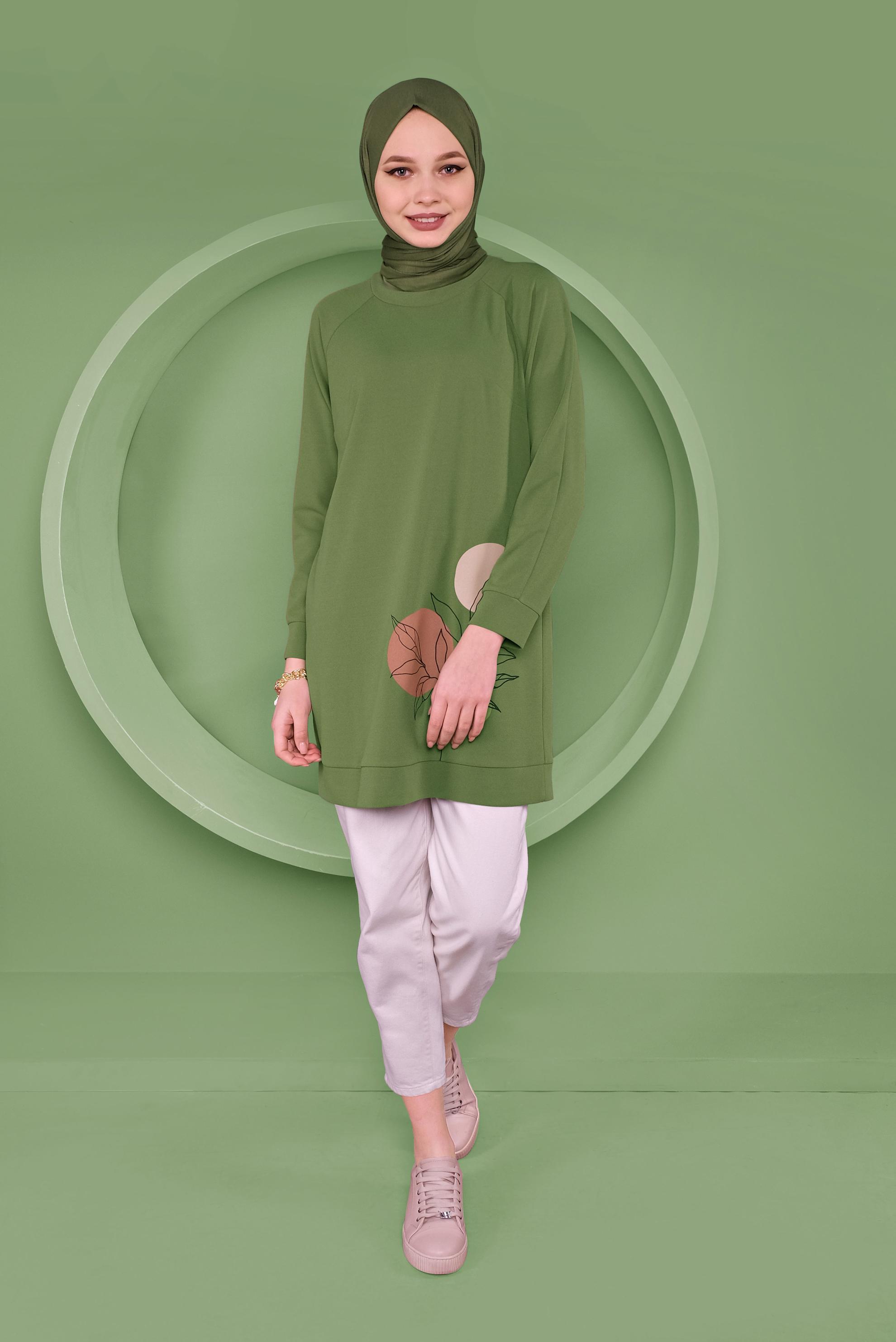 Tesettür giyim YEŞİL DESEN BASKILI TUNİK 41352