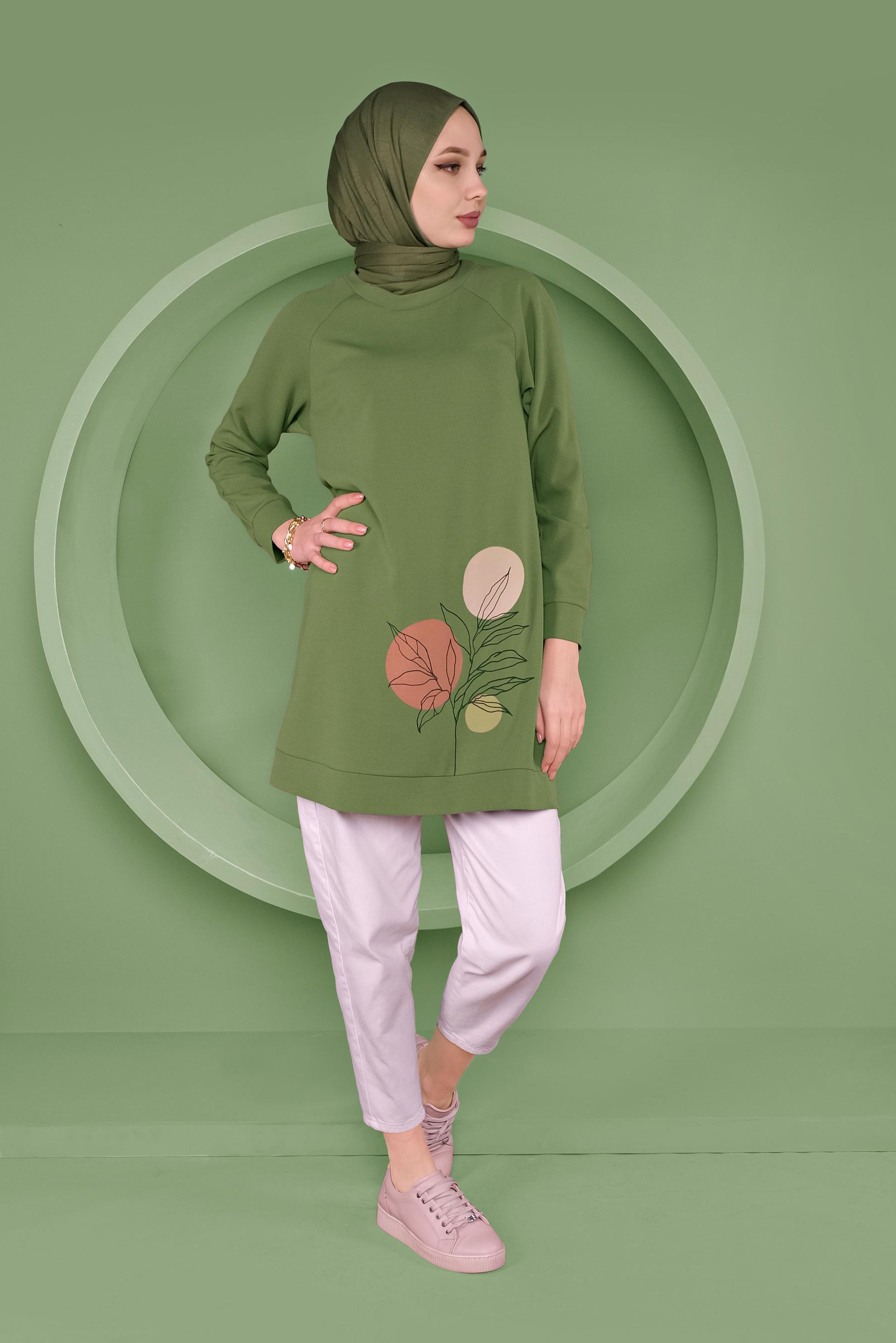 Tesettür giyim YEŞİL DESEN BASKILI TUNİK 41352