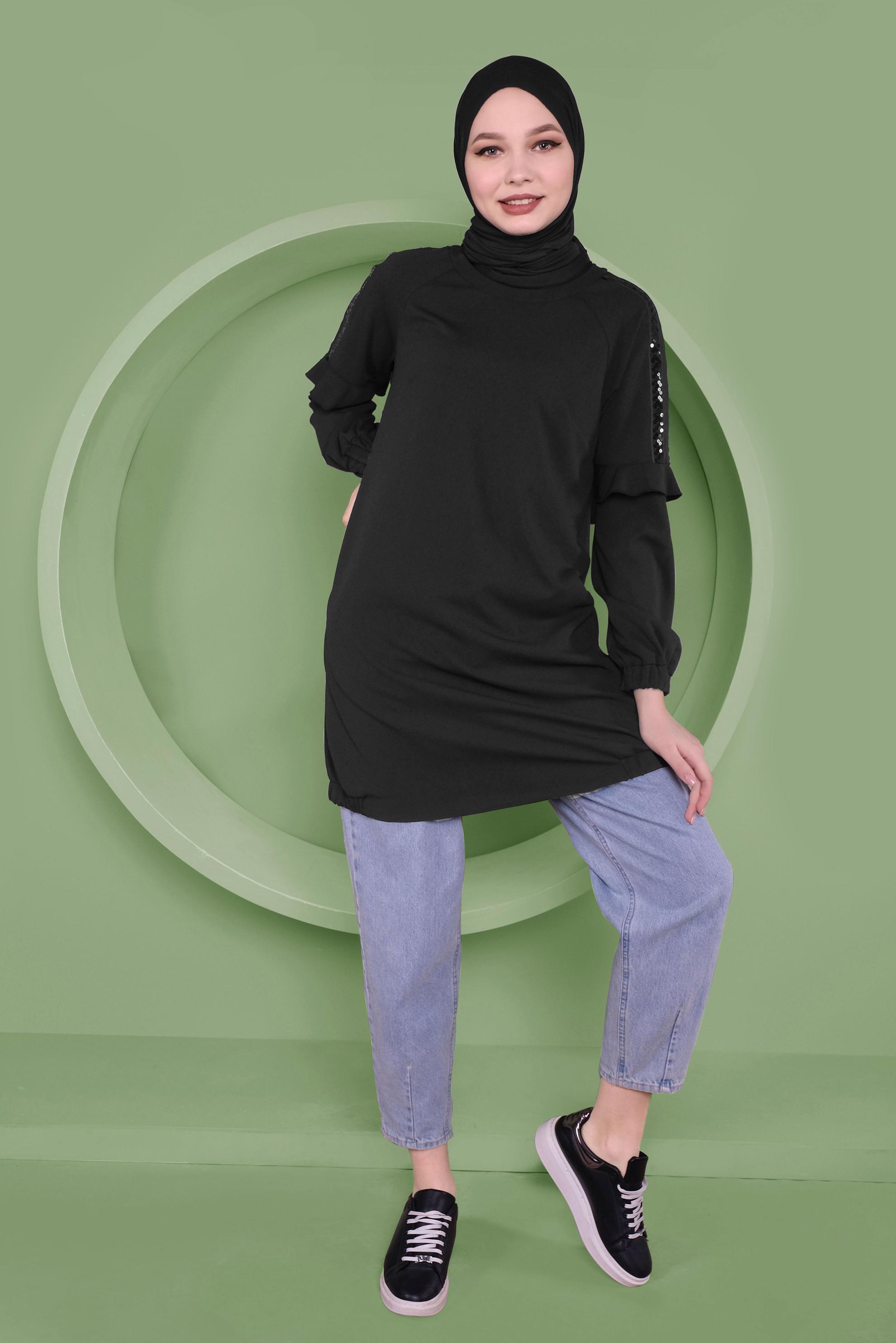 Tesettür giyim SİYAH KOLLARI PUL PAYETLİ TUNİK 41353
