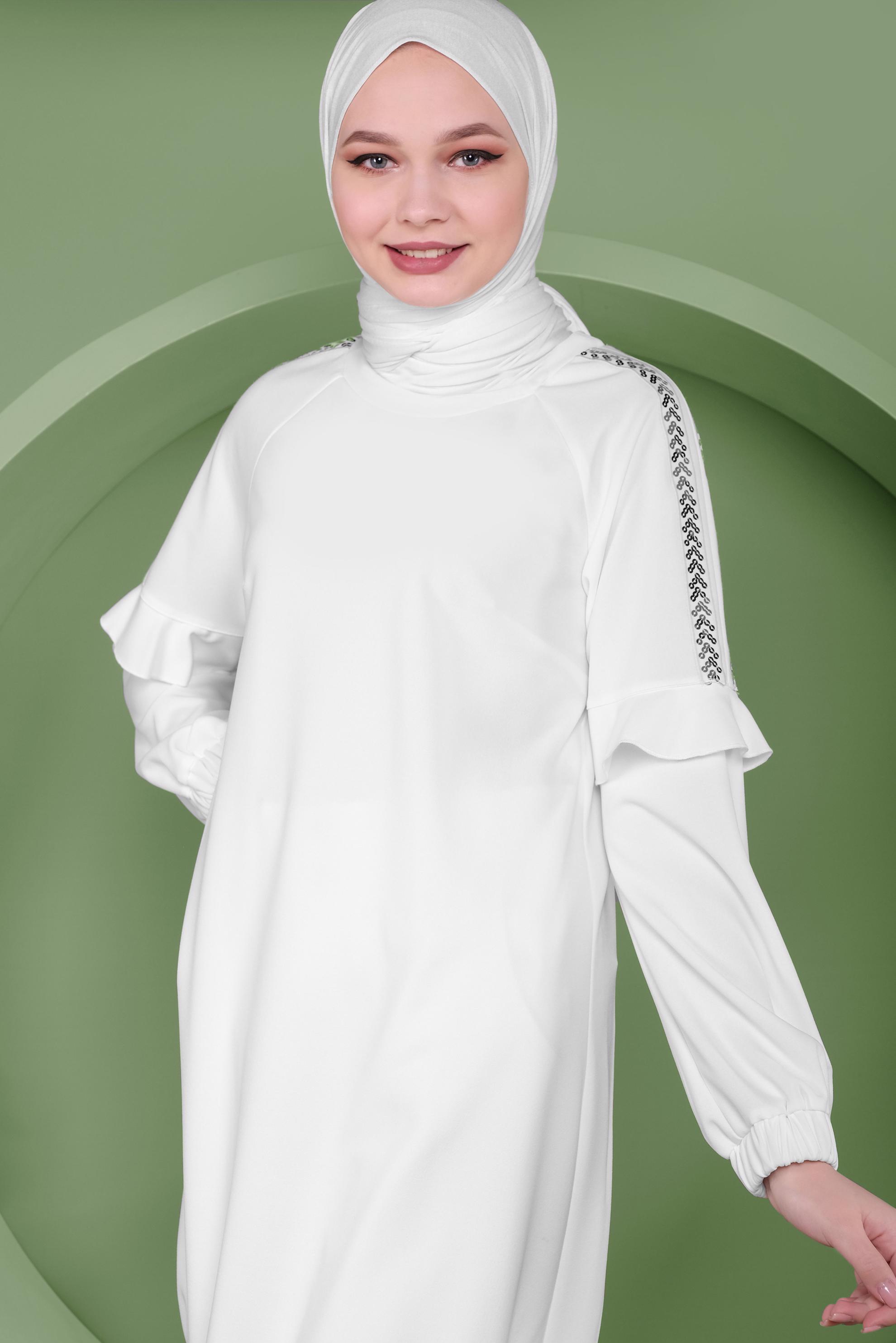 Tesettür giyim BEYAZ KOLLARI PUL PAYETLİ TUNİK 41353