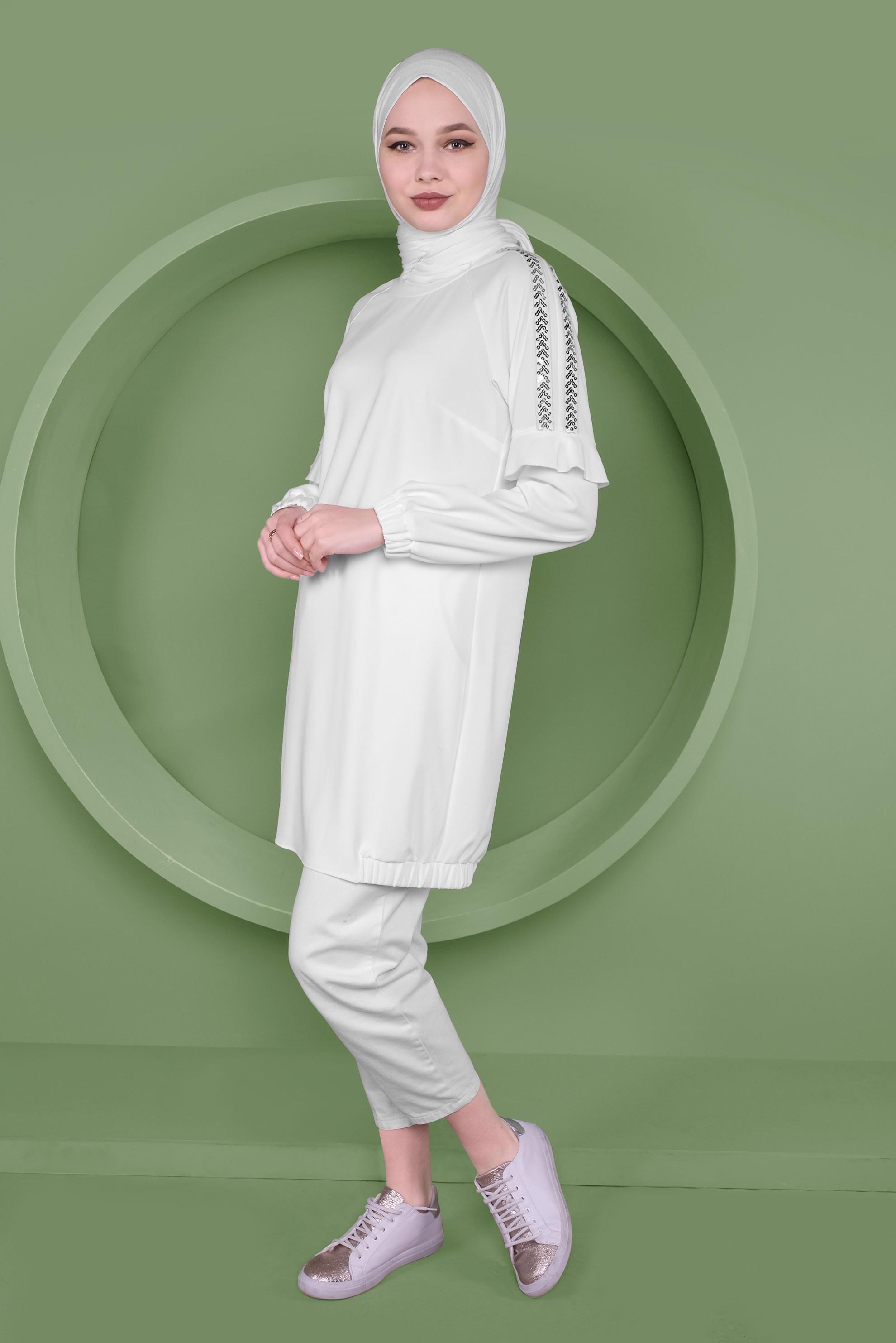 Tesettür giyim BEYAZ KOLLARI PUL PAYETLİ TUNİK 41353