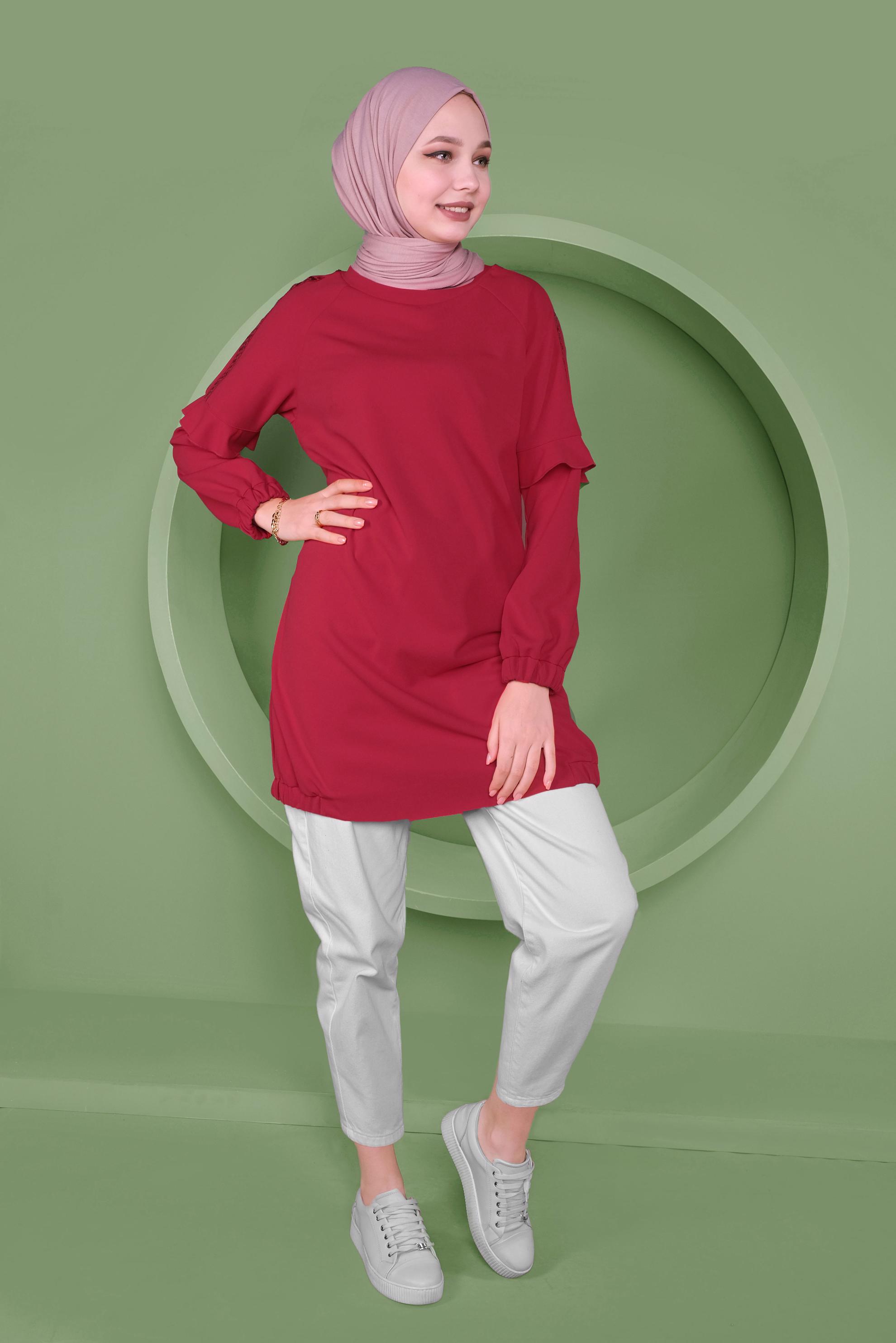 Tesettür giyim KIRMIZI KOLLARI PUL PAYETLİ TUNİK 41353