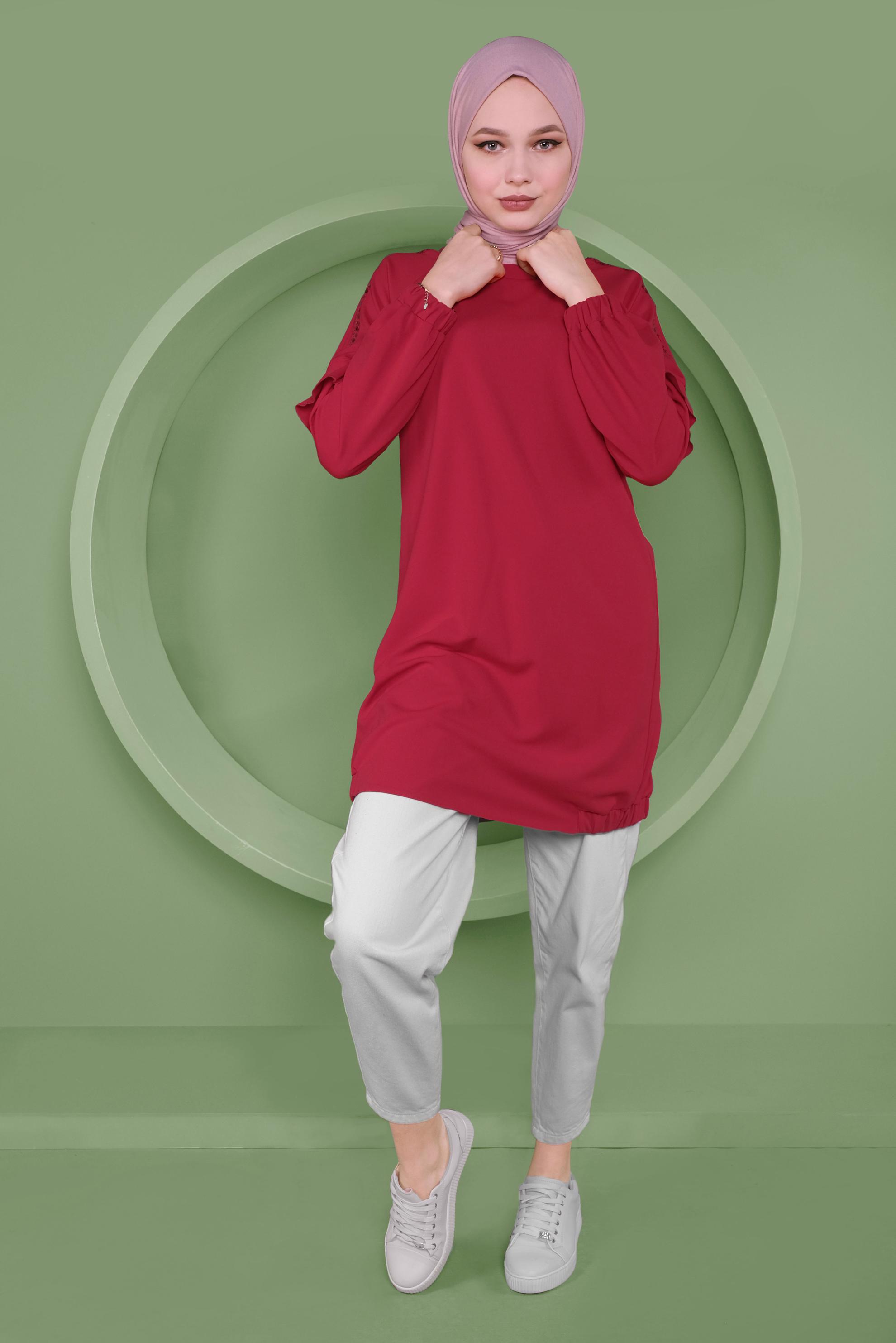 Tesettür giyim KIRMIZI KOLLARI PUL PAYETLİ TUNİK 41353