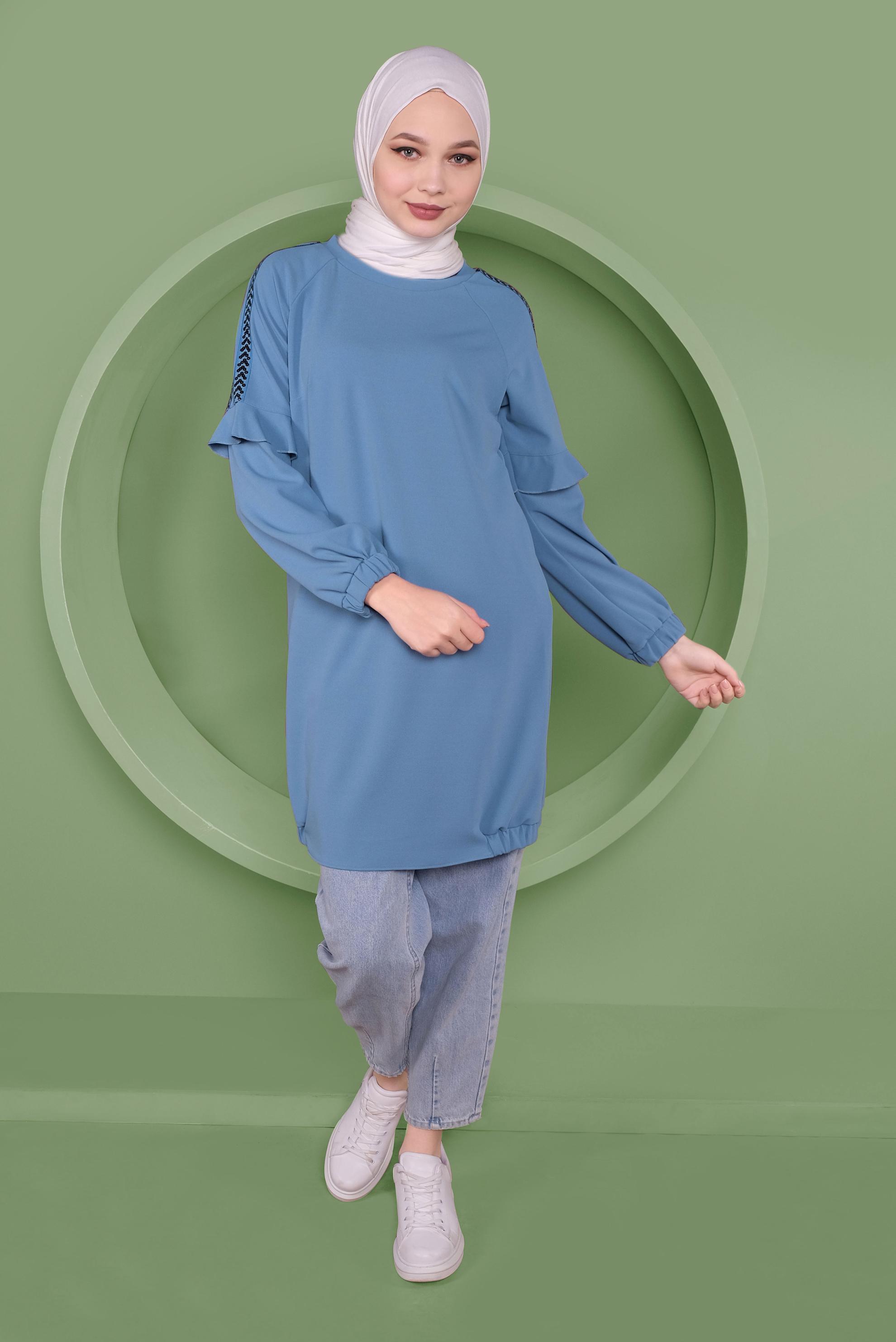 Tesettür giyim MAVİ KOLLARI PUL PAYETLİ TUNİK 41353