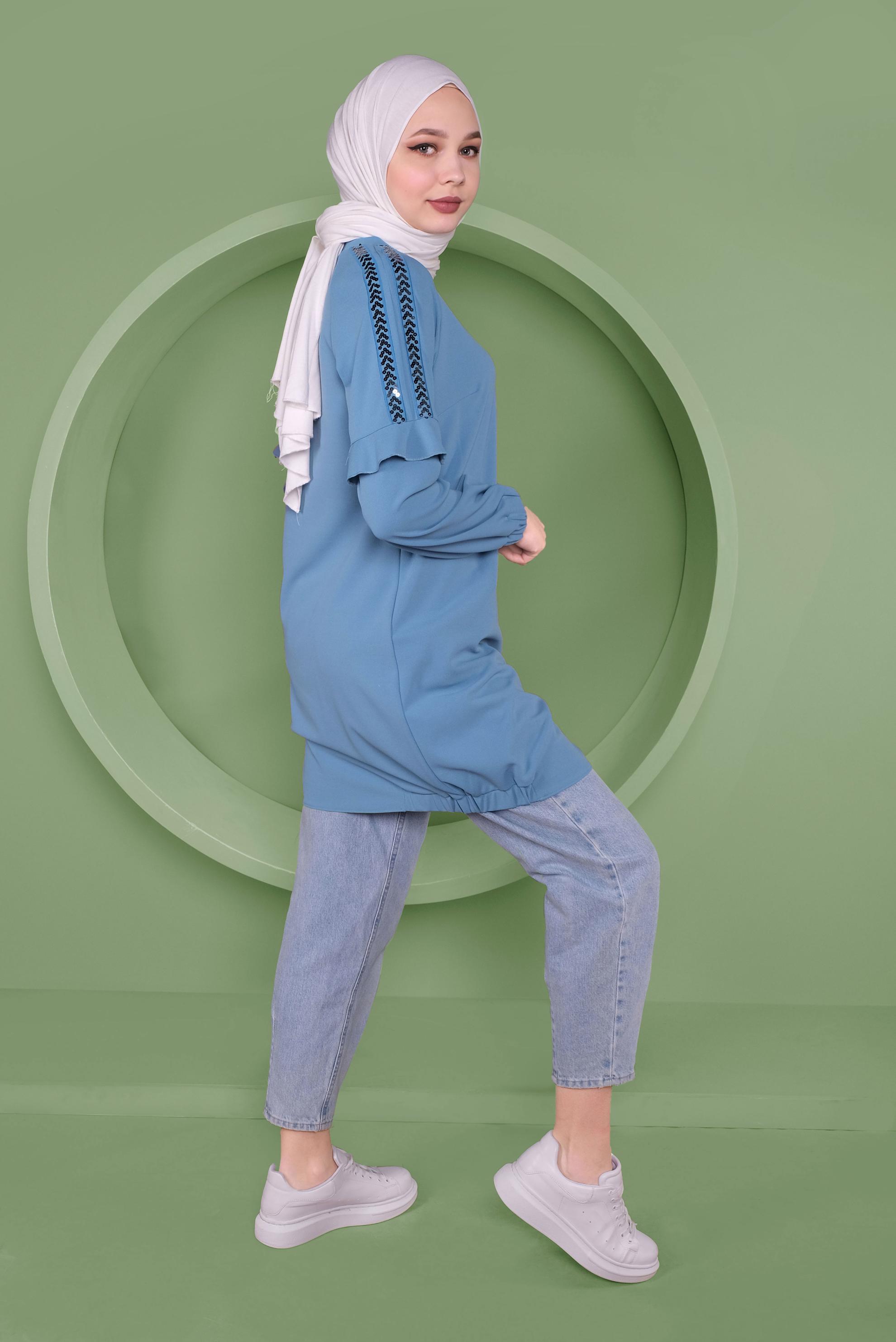 Tesettür giyim MAVİ KOLLARI PUL PAYETLİ TUNİK 41353