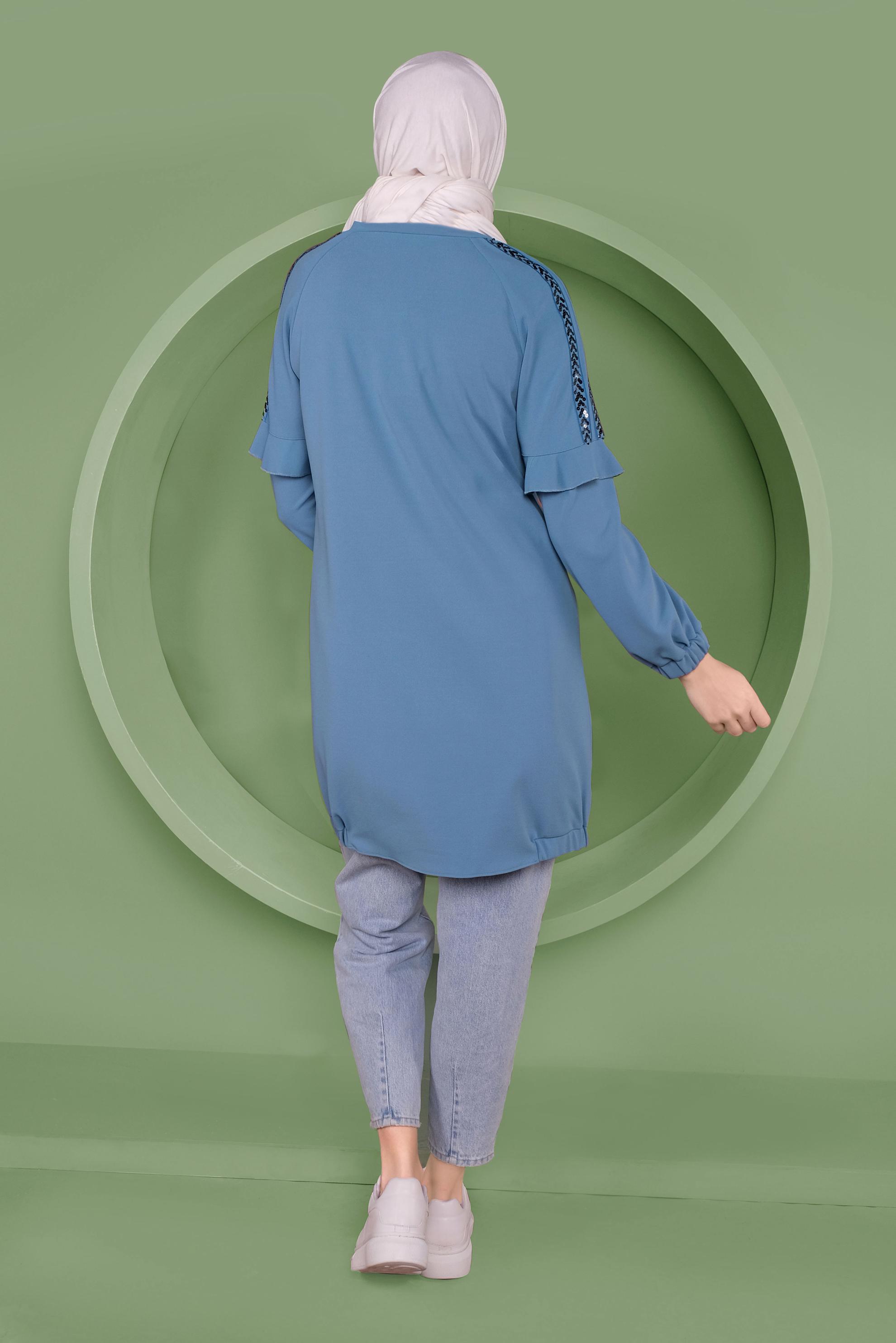 Tesettür giyim MAVİ KOLLARI PUL PAYETLİ TUNİK 41353