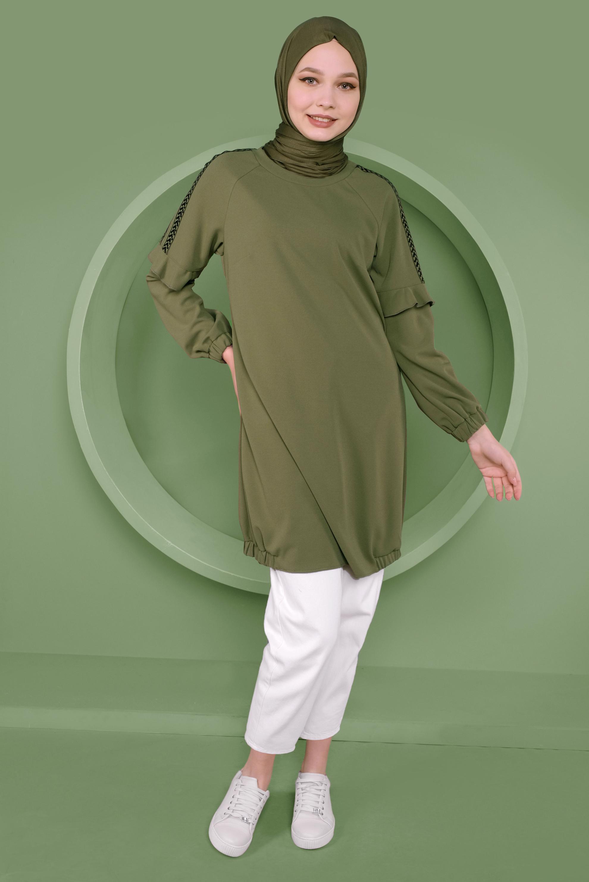 Tesettür giyim YEŞİL KOLLARI PUL PAYETLİ TUNİK 41353
