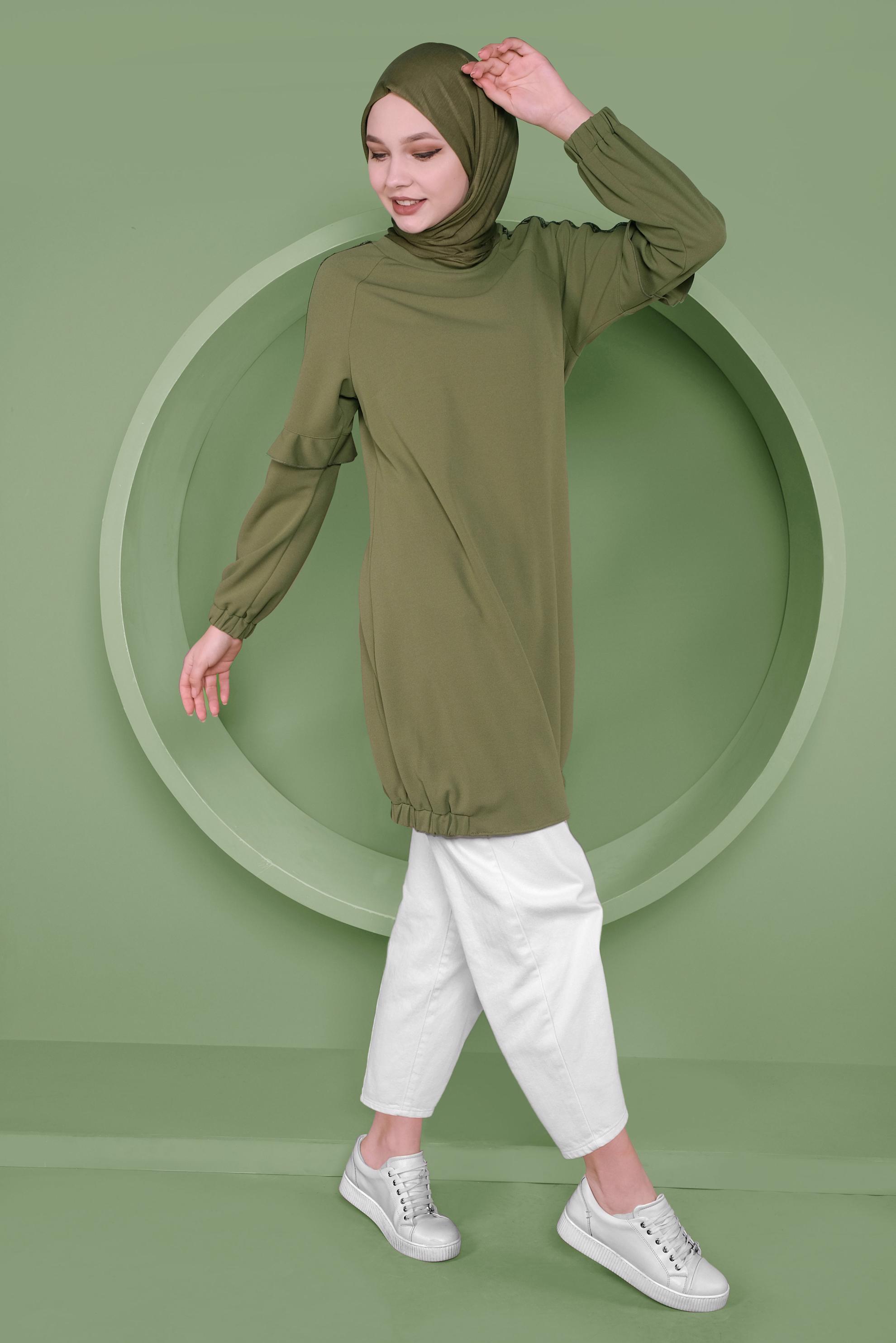 Tesettür giyim YEŞİL KOLLARI PUL PAYETLİ TUNİK 41353