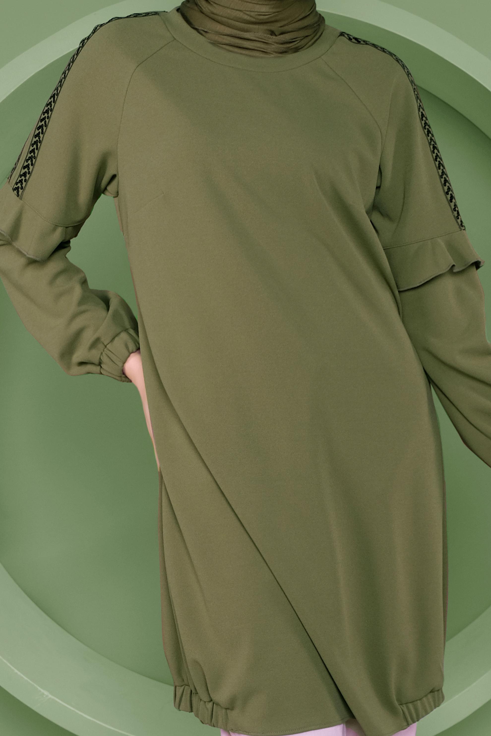 Tesettür giyim YEŞİL KOLLARI PUL PAYETLİ TUNİK 41353