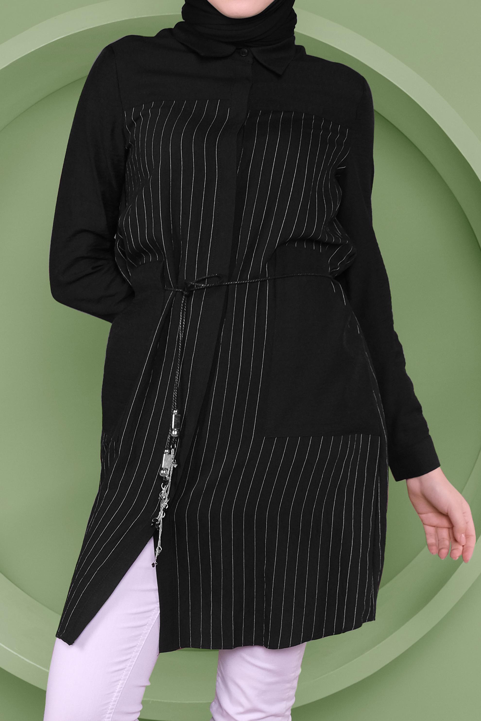 Tesettür giyim SİYAH ÇİZGİ DESENLİ CEPLİ TUNİK 41360