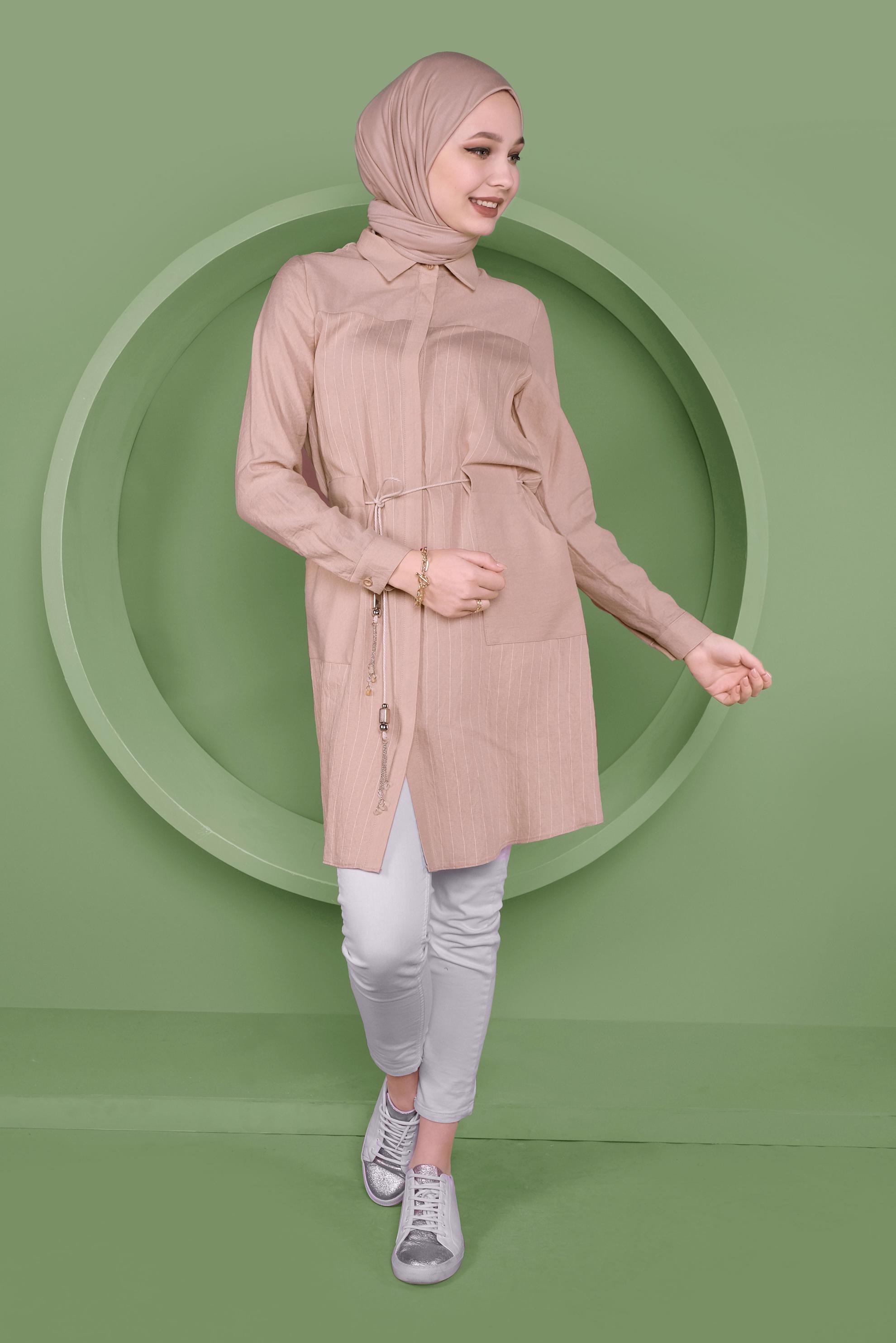 Tesettür giyim BEJ ÇİZGİ DESENLİ CEPLİ TUNİK 41360