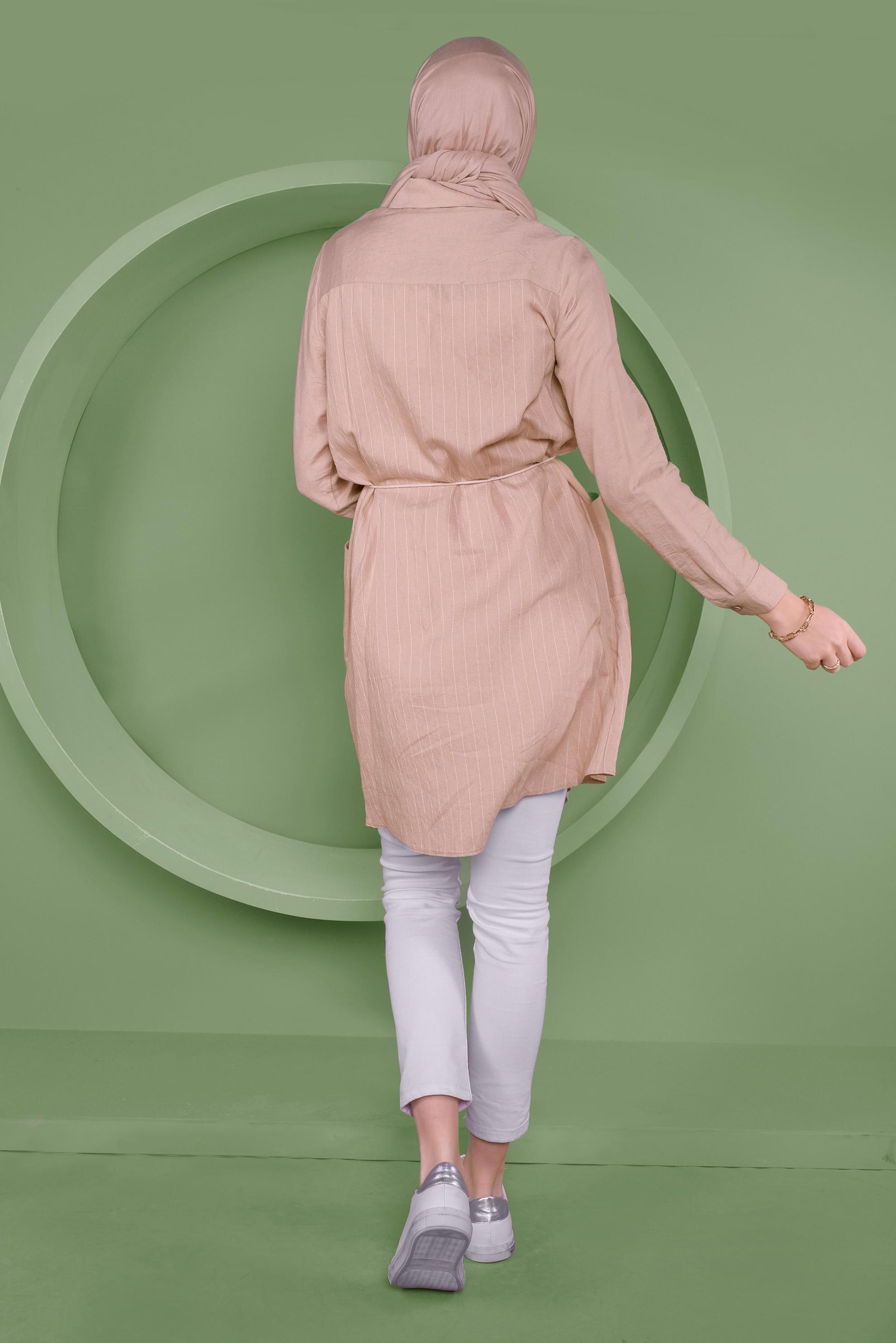 Tesettür giyim BEJ ÇİZGİ DESENLİ CEPLİ TUNİK 41360