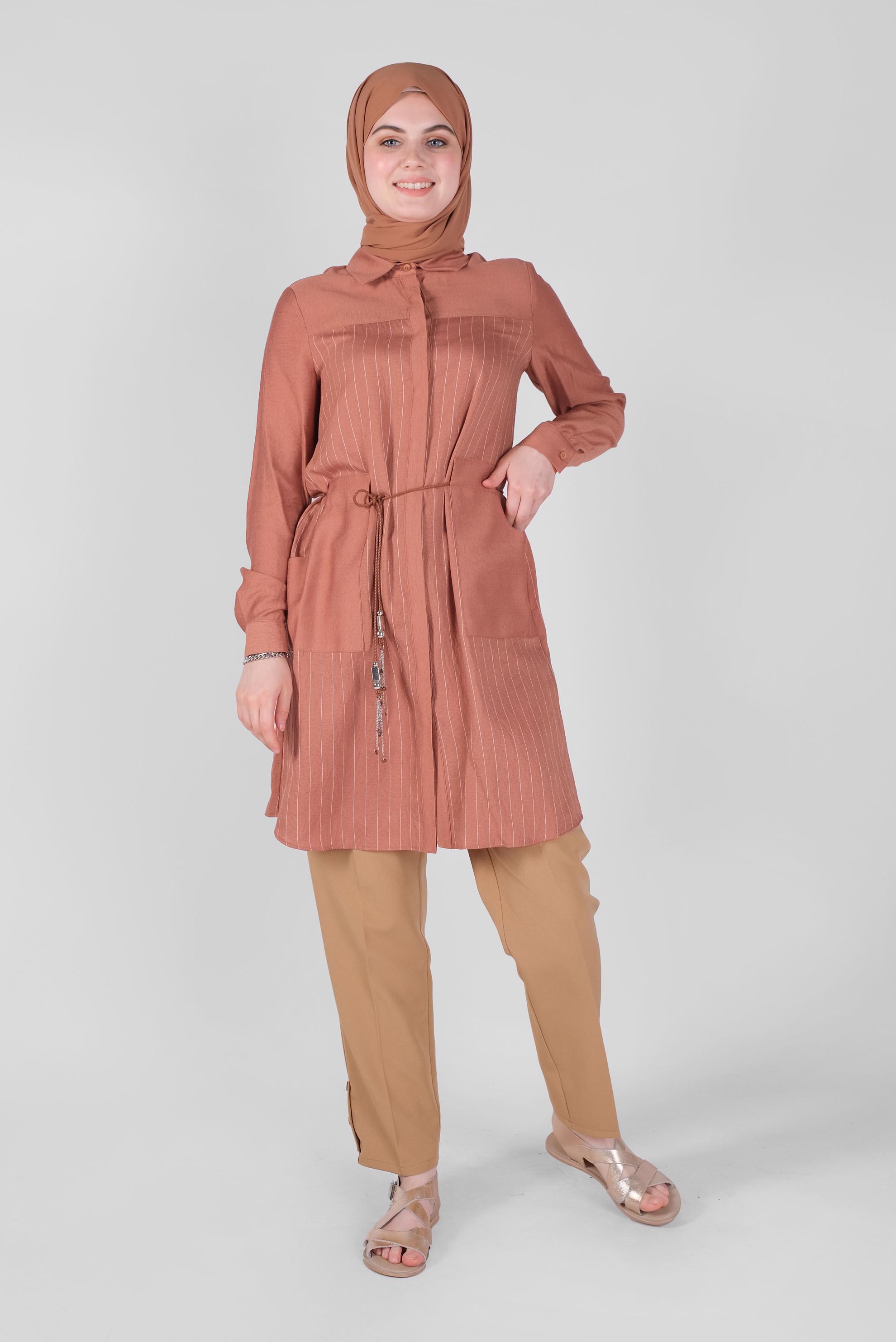 Tesettür giyim TURUNCU ÇİZGİ DESENLİ CEPLİ TUNİK 41360