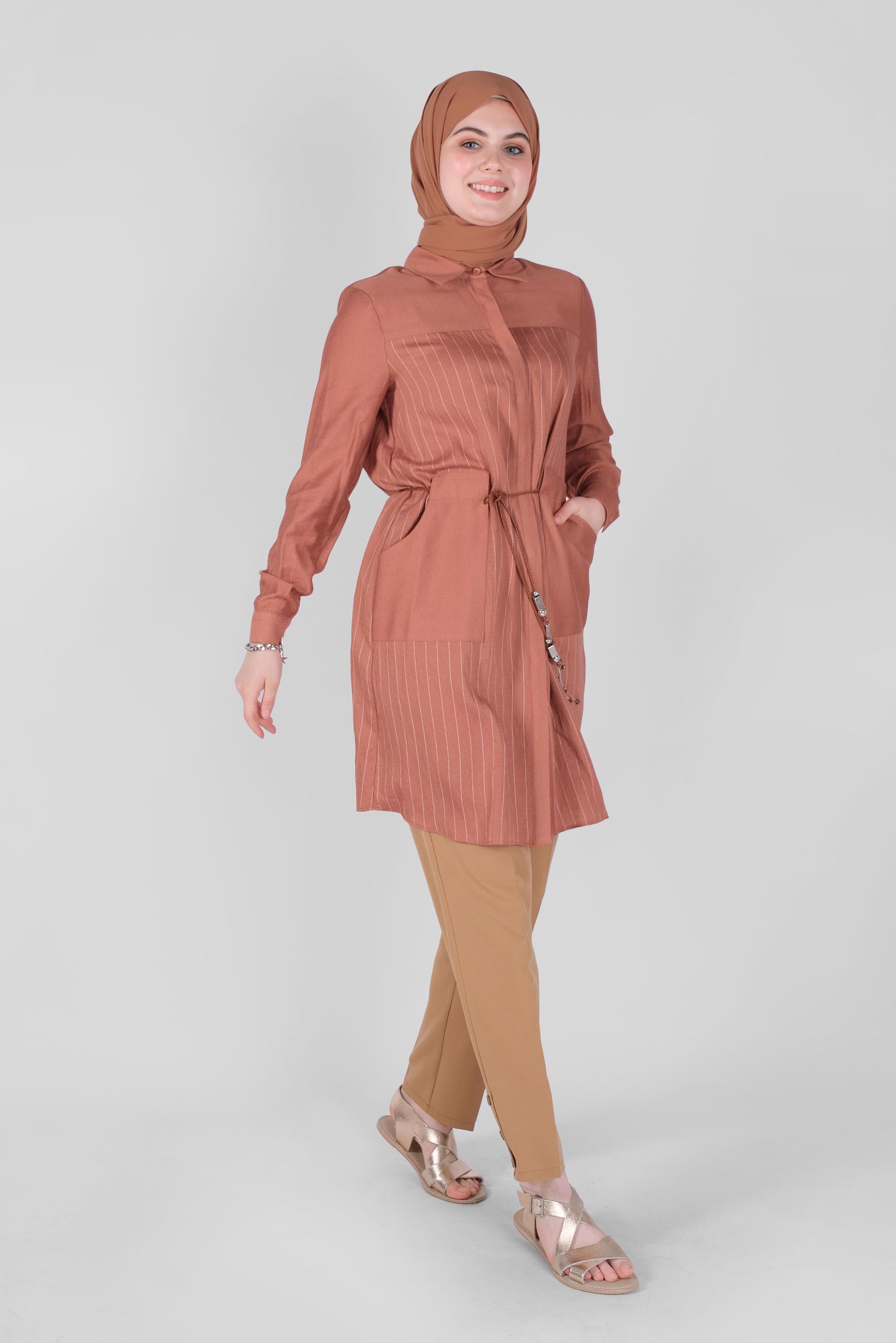 Tesettür giyim TURUNCU ÇİZGİ DESENLİ CEPLİ TUNİK 41360