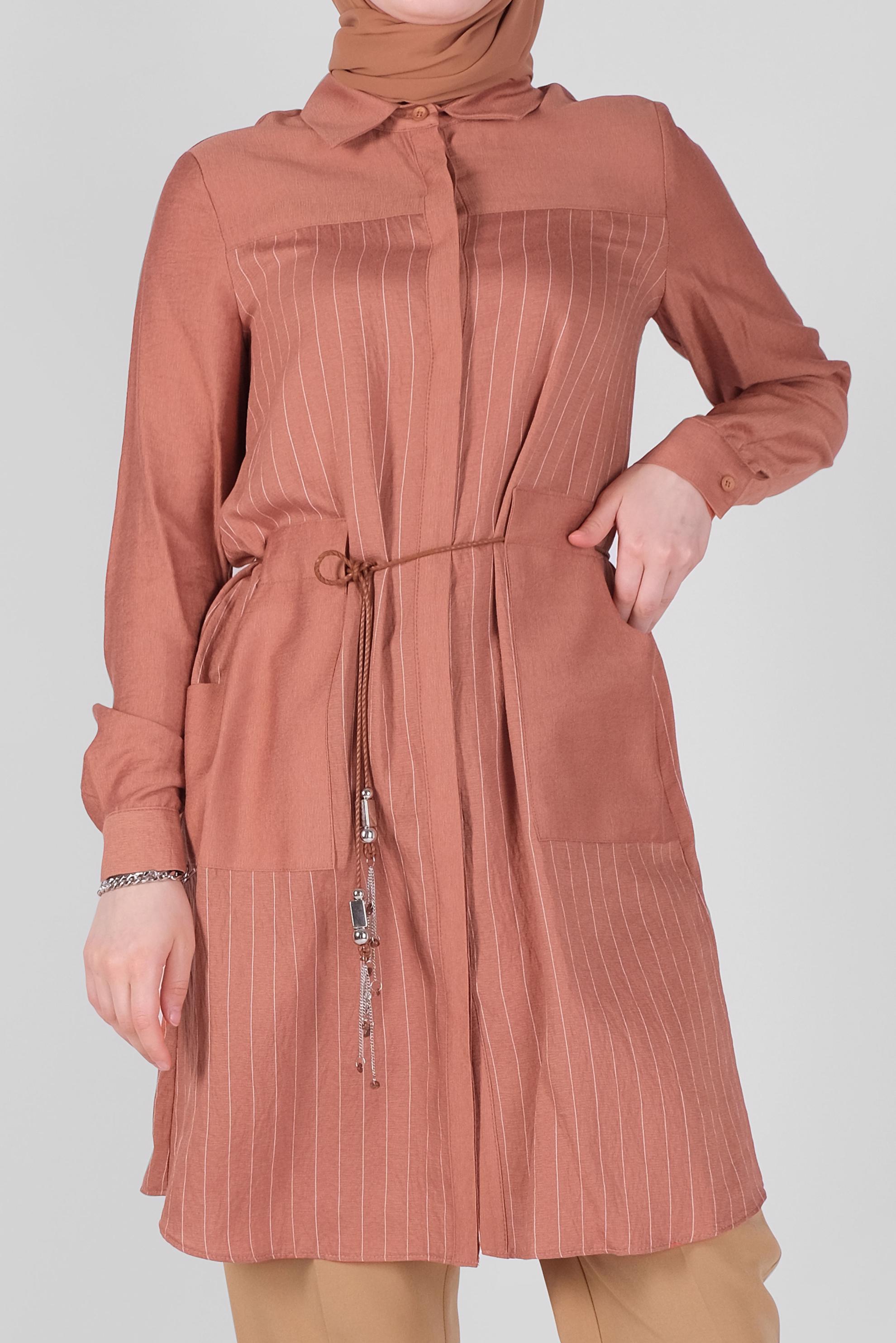 Tesettür giyim TURUNCU ÇİZGİ DESENLİ CEPLİ TUNİK 41360