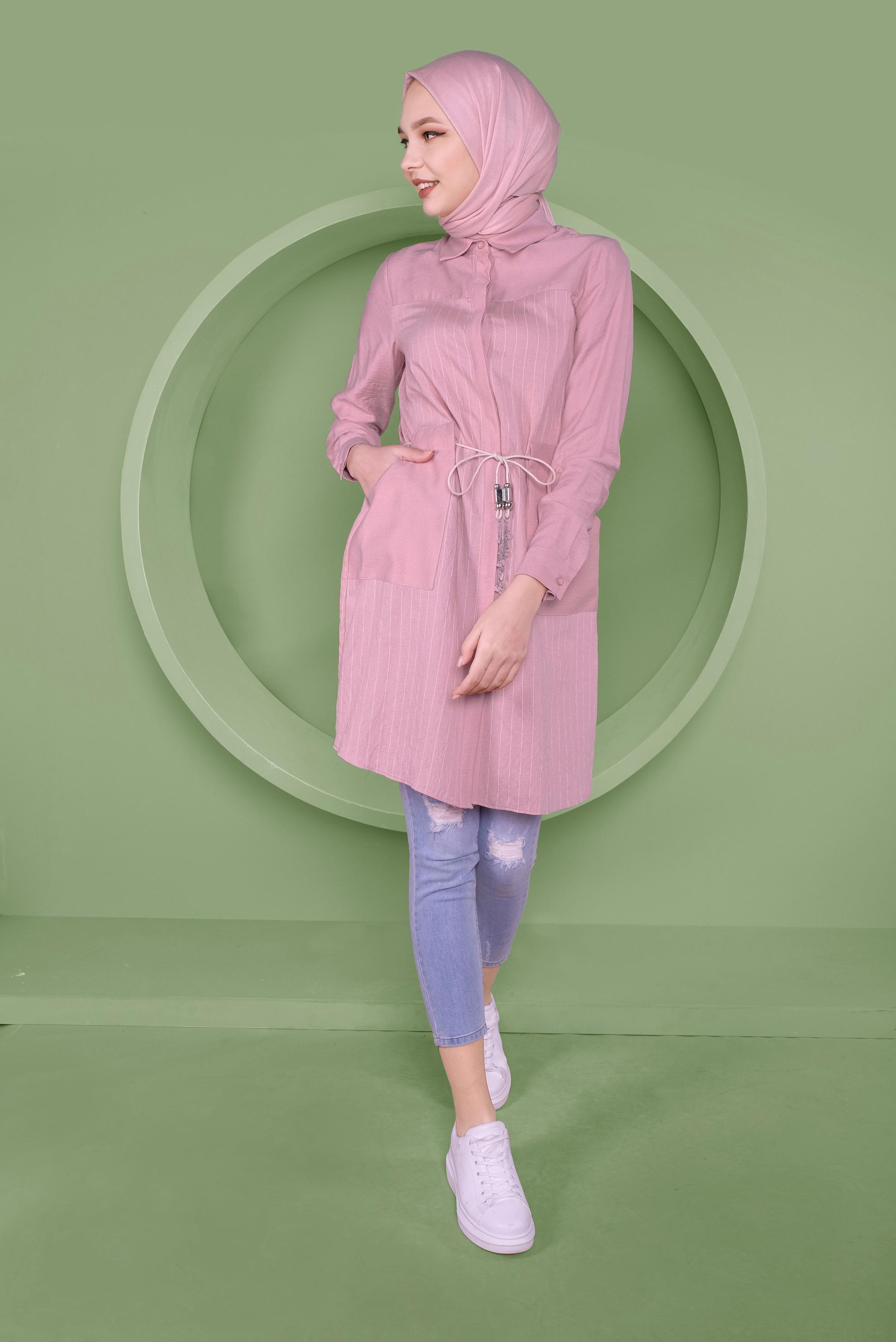 Tesettür giyim PUDRA ÇİZGİ DESENLİ CEPLİ TUNİK 41360