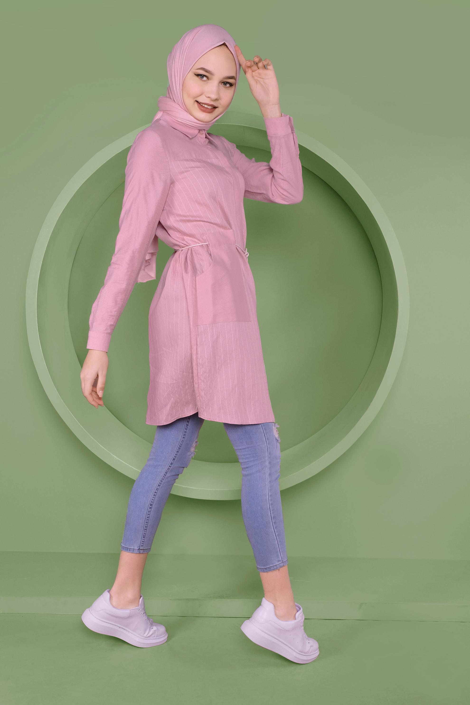 Tesettür giyim PUDRA ÇİZGİ DESENLİ CEPLİ TUNİK 41360