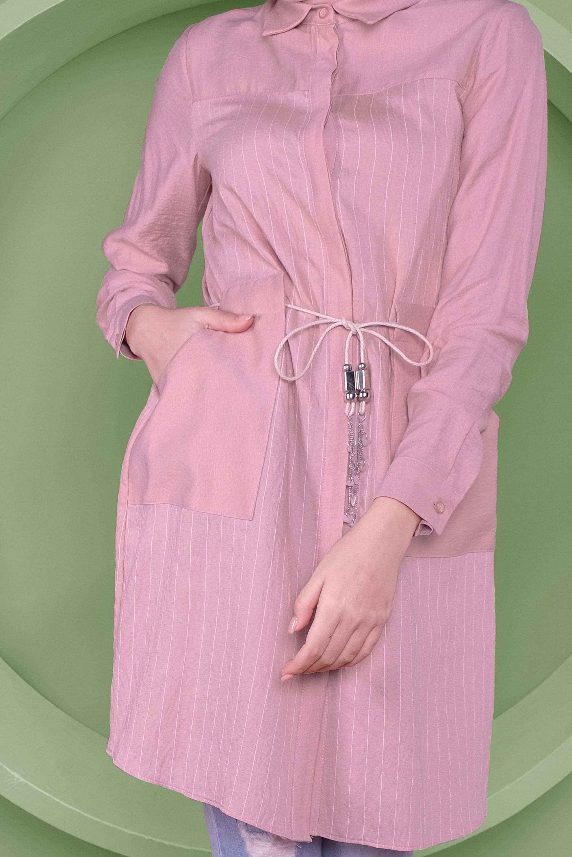 Tesettür giyim PUDRA ÇİZGİ DESENLİ CEPLİ TUNİK 41360