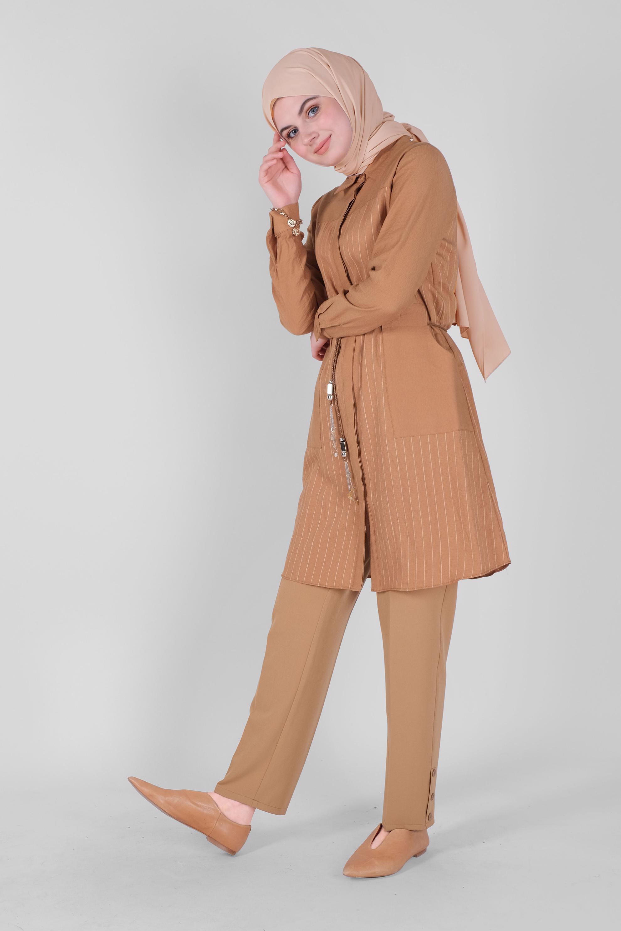 Tesettür giyim TABA ÇİZGİ DESENLİ CEPLİ TUNİK 41360