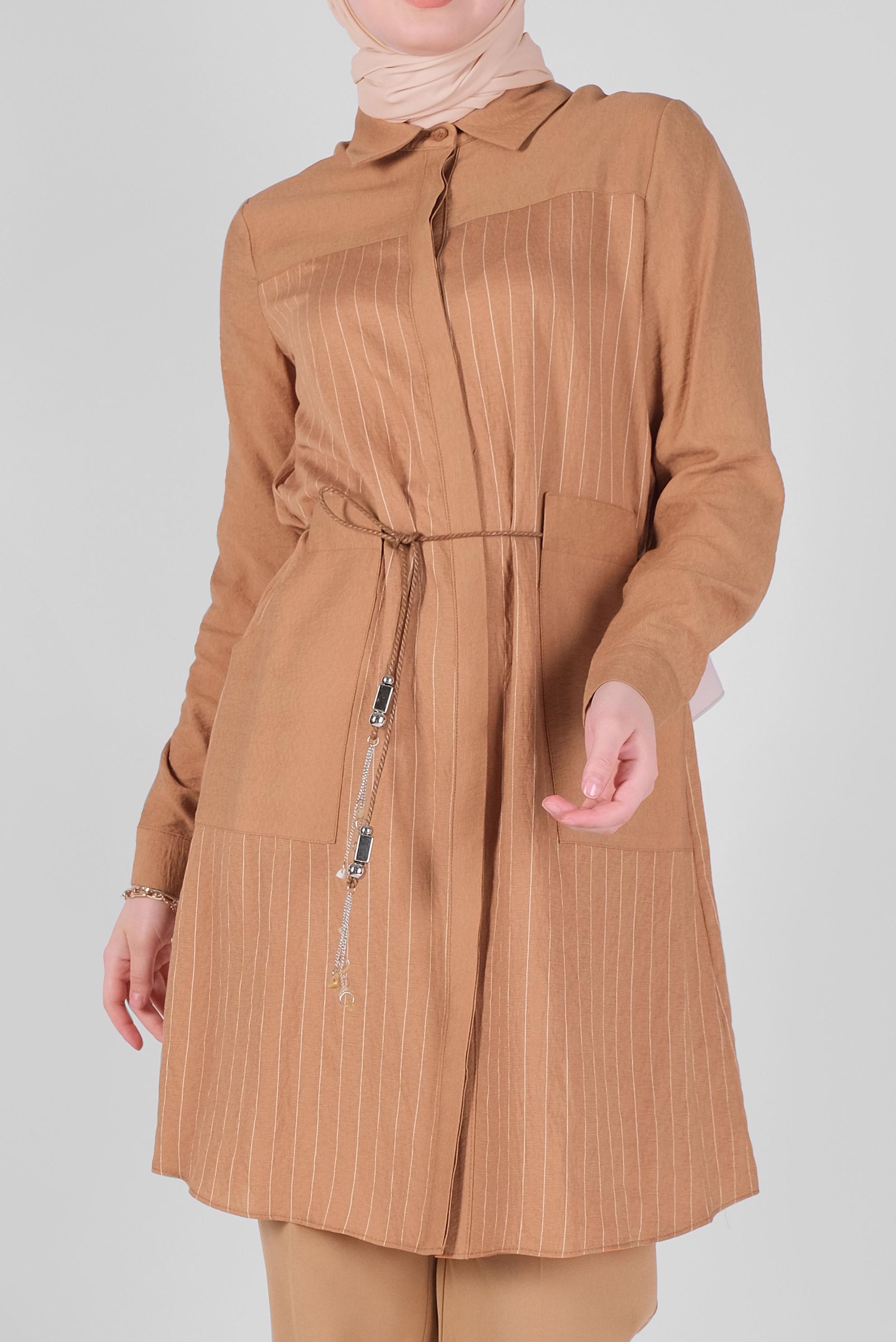 Tesettür giyim TABA ÇİZGİ DESENLİ CEPLİ TUNİK 41360