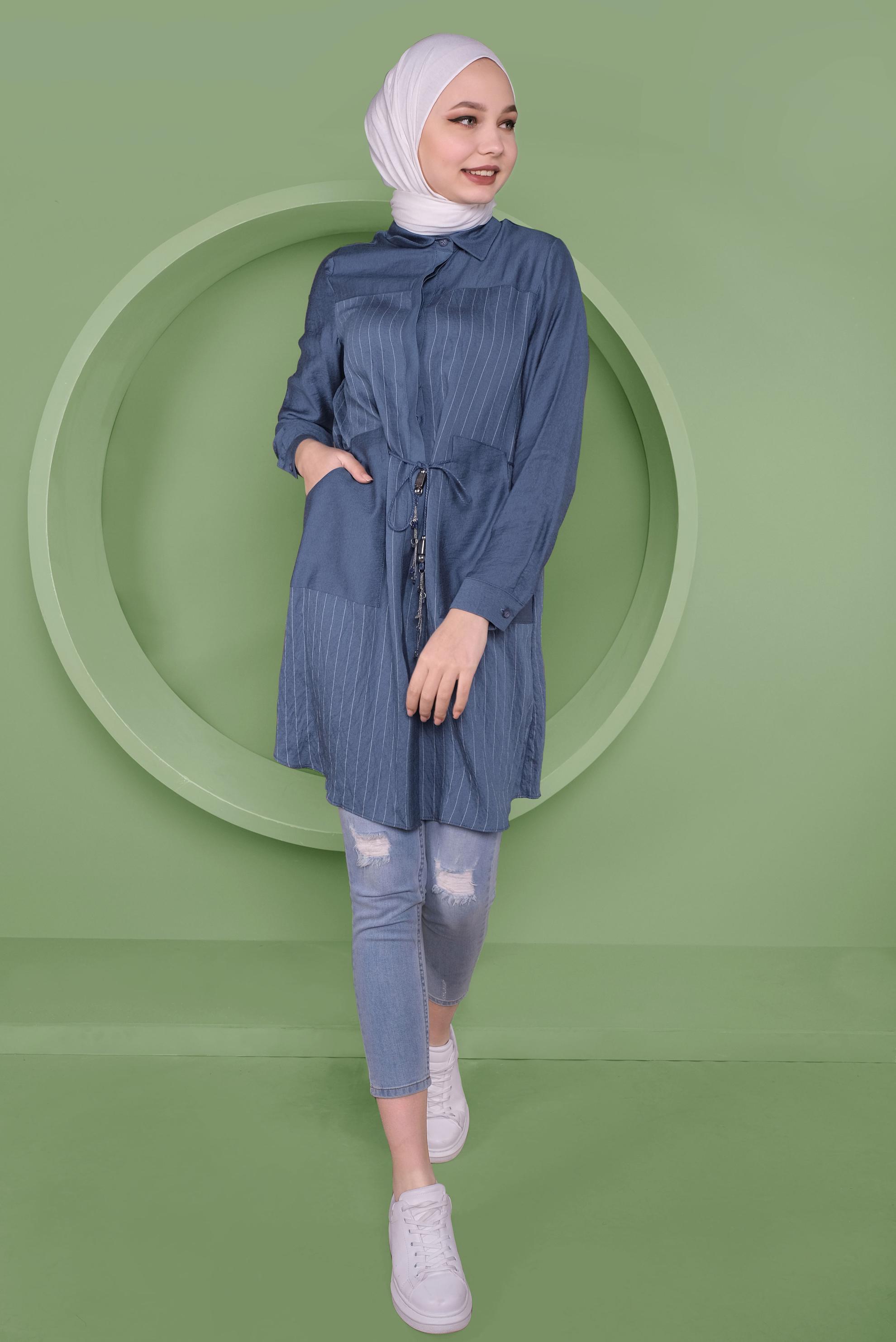 Tesettür giyim LACİVERT ÇİZGİ DESENLİ CEPLİ TUNİK 41360