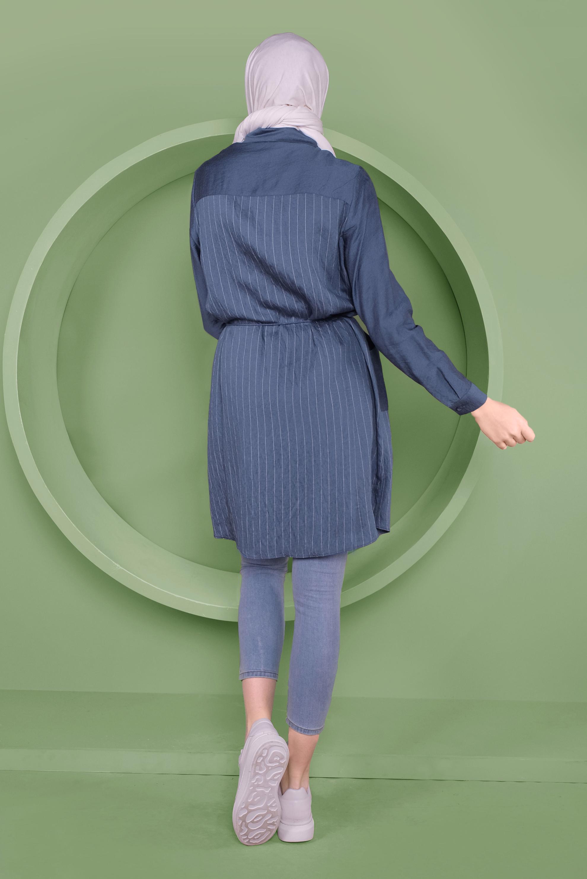 Tesettür giyim LACİVERT ÇİZGİ DESENLİ CEPLİ TUNİK 41360