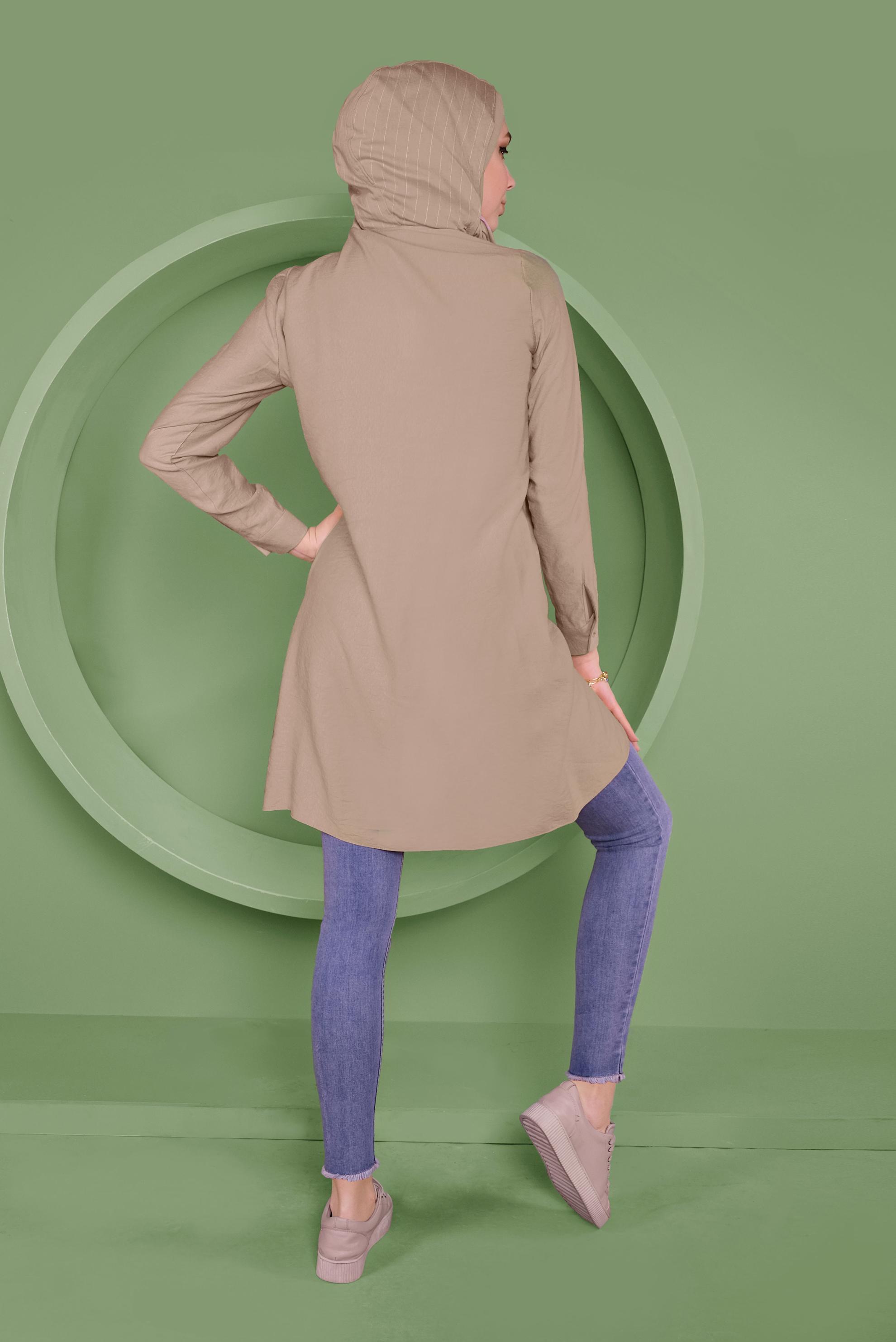 Tesettür giyim BEJ KAPÜŞONLU DÜĞMELİ TUNİK 41365