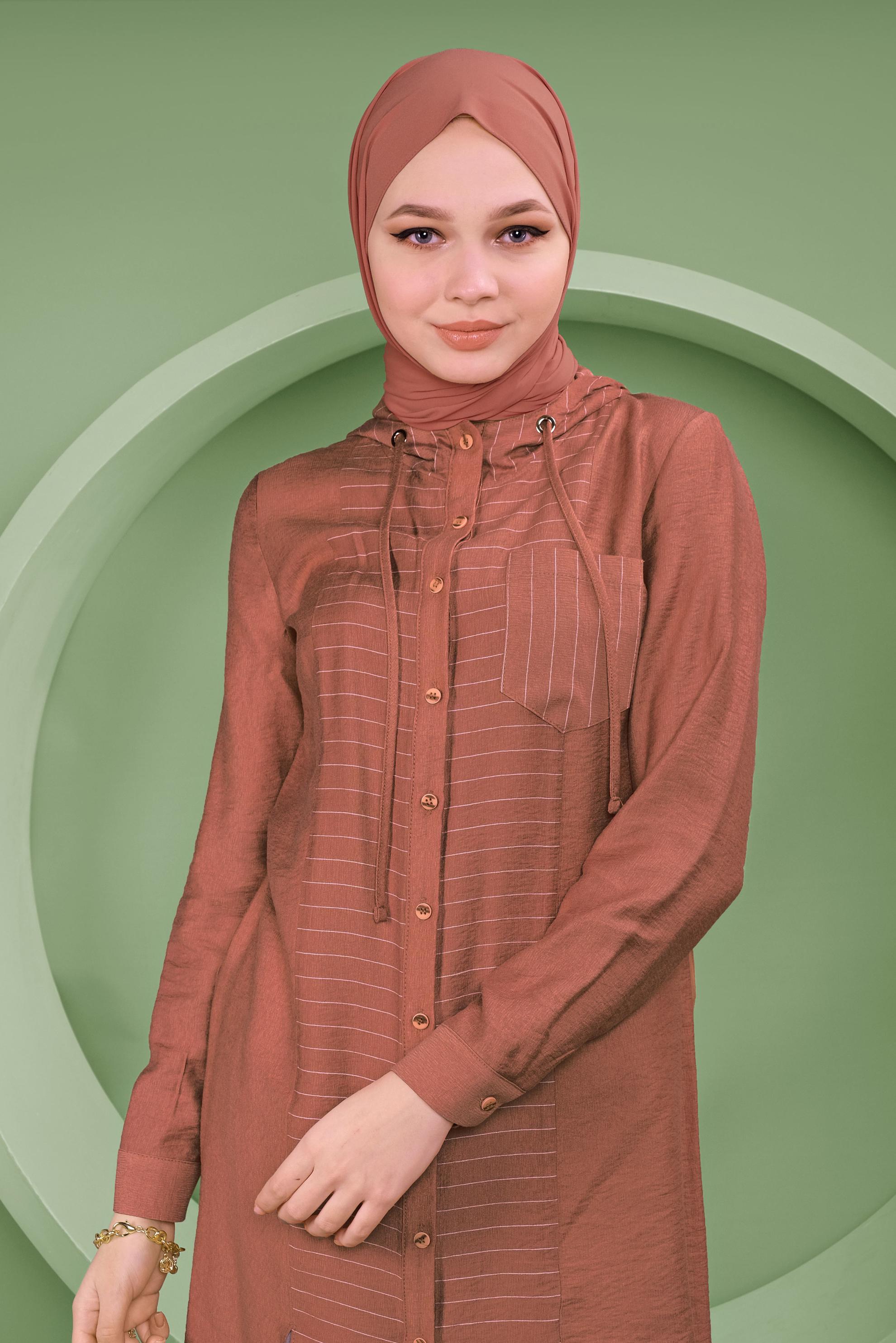 Tesettür giyim TURUNCU KAPÜŞONLU DÜĞMELİ TUNİK 41365