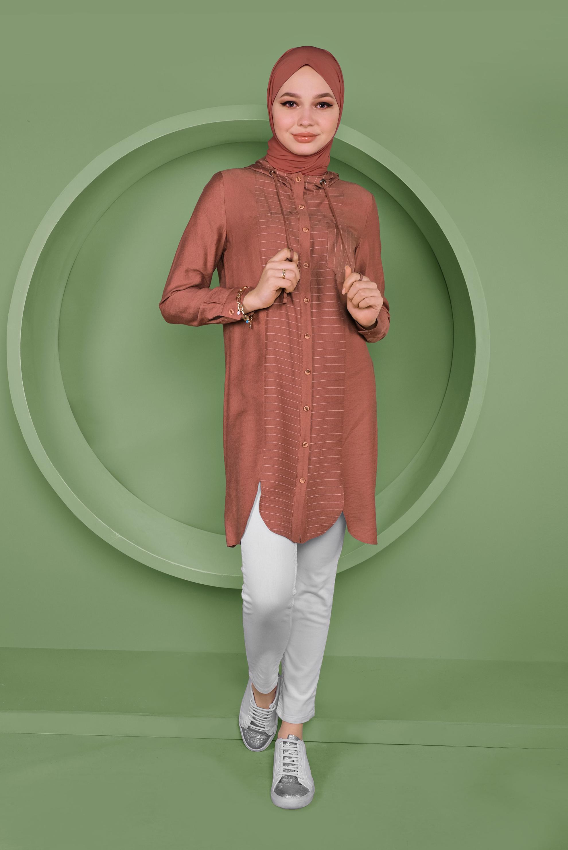 Tesettür giyim TURUNCU KAPÜŞONLU DÜĞMELİ TUNİK 41365