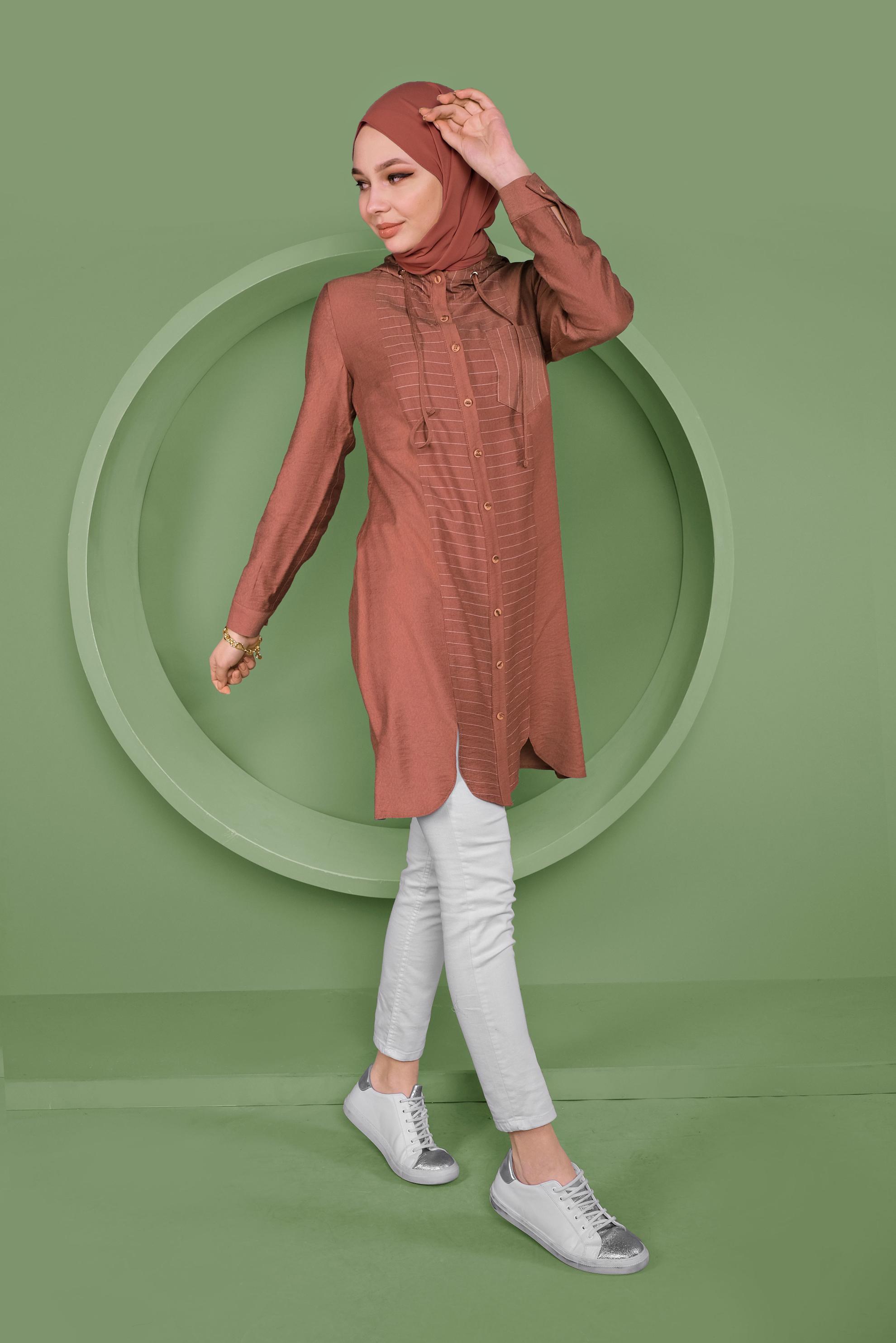 Tesettür giyim TURUNCU KAPÜŞONLU DÜĞMELİ TUNİK 41365