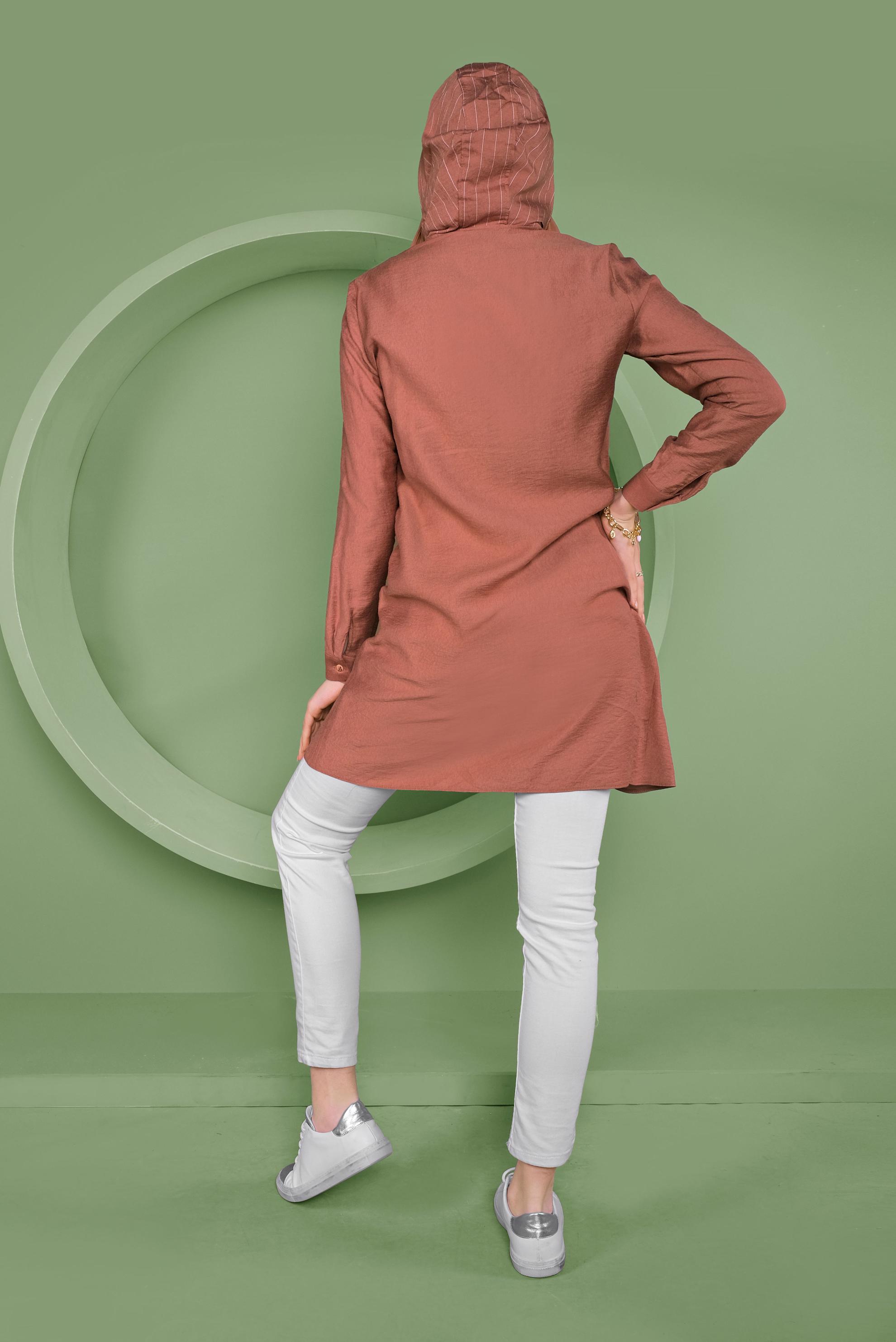 Tesettür giyim TURUNCU KAPÜŞONLU DÜĞMELİ TUNİK 41365